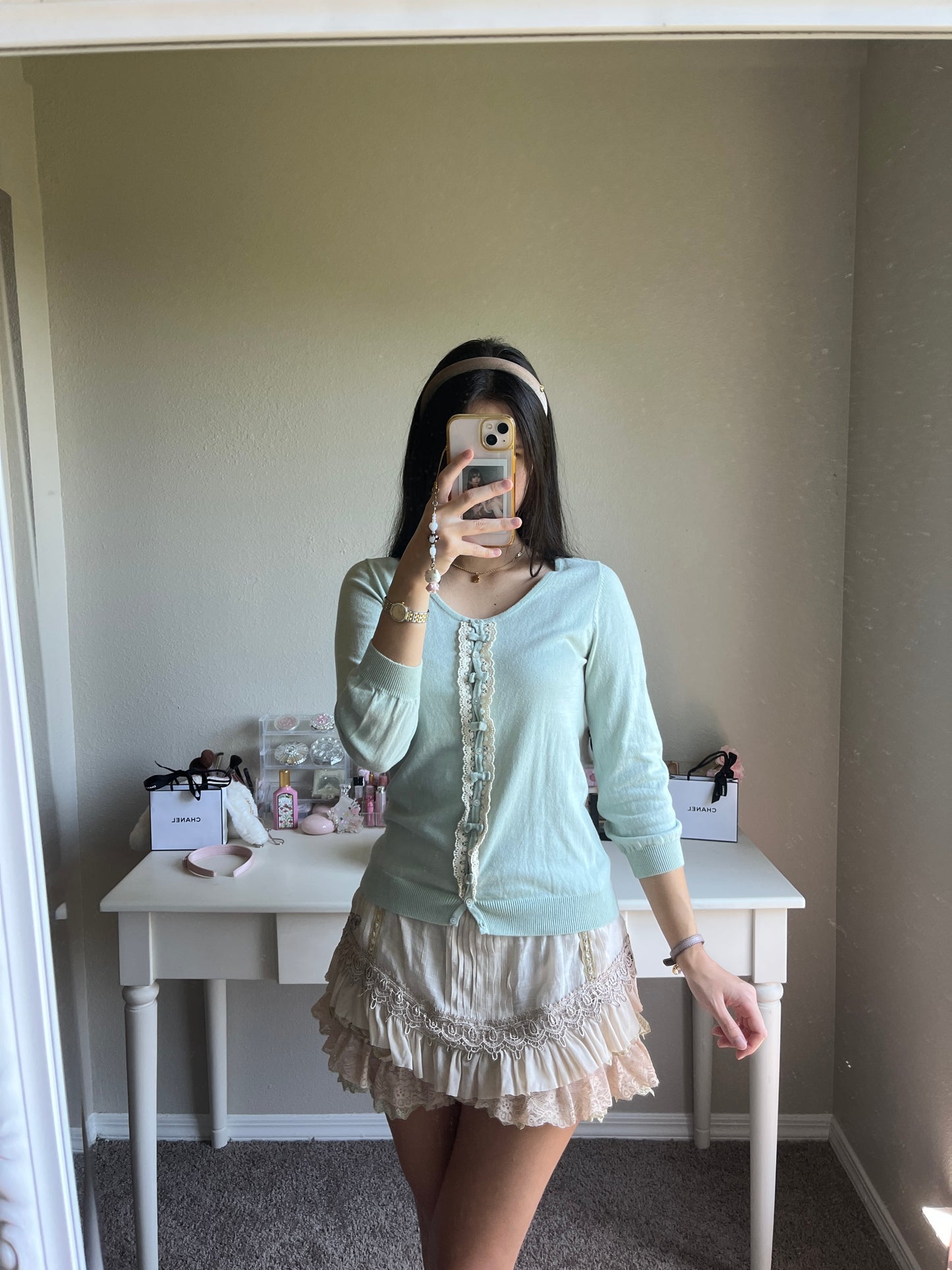 teal blue cardigan