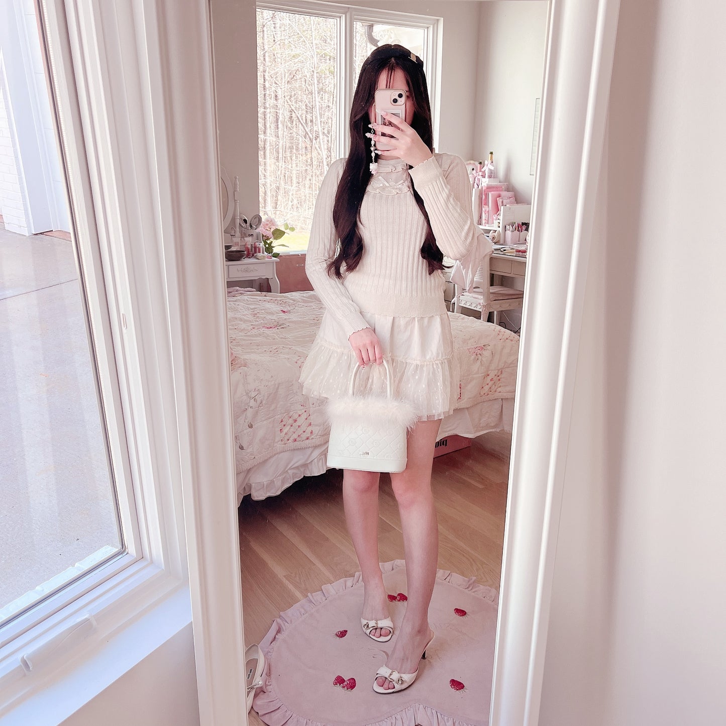 cream floral and pearl accent knit