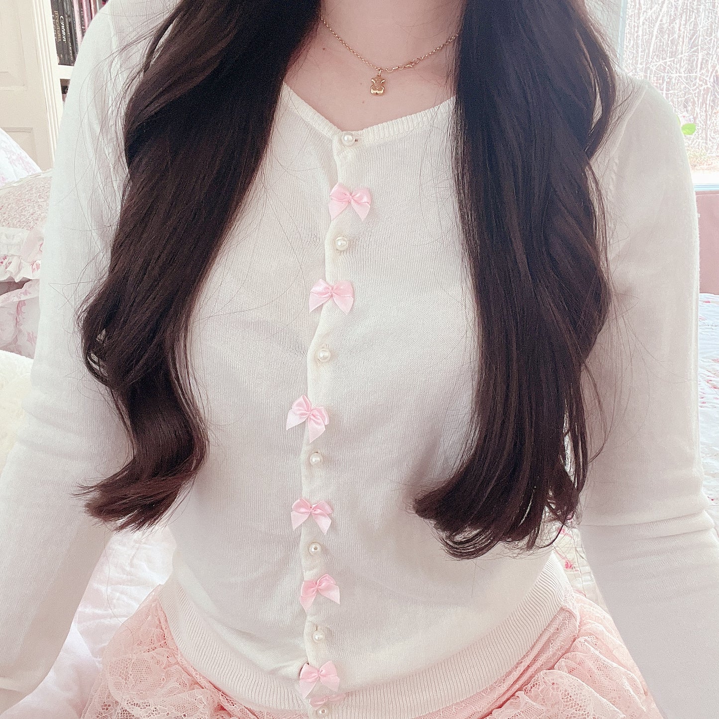 pearl and ribbon accent white cardigan