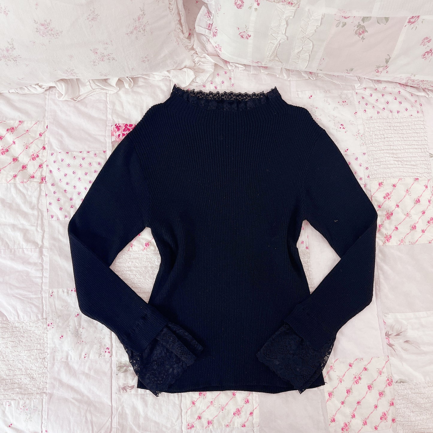 black high neck lace accent top