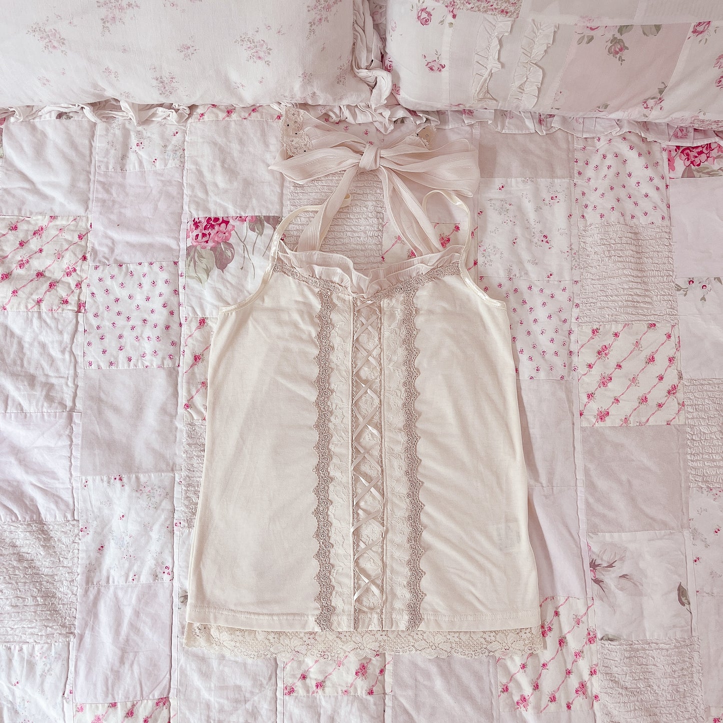 cream lace up halter ribbon cami