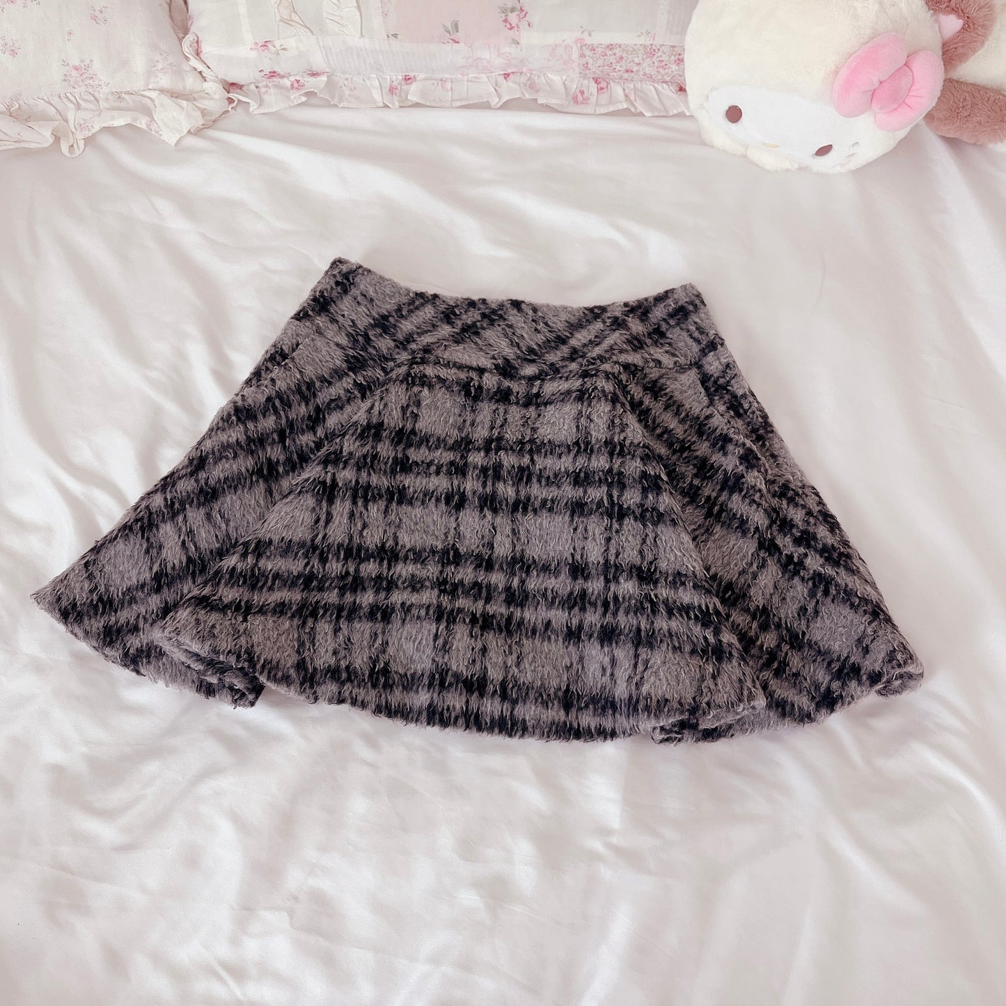 fuzzy gray check winter skirt