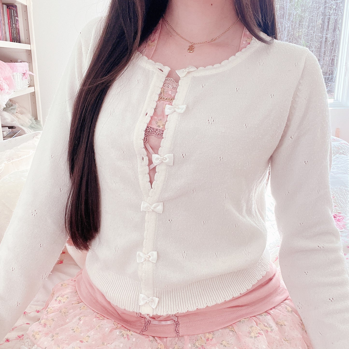 cozy white ribbon accent cardigan