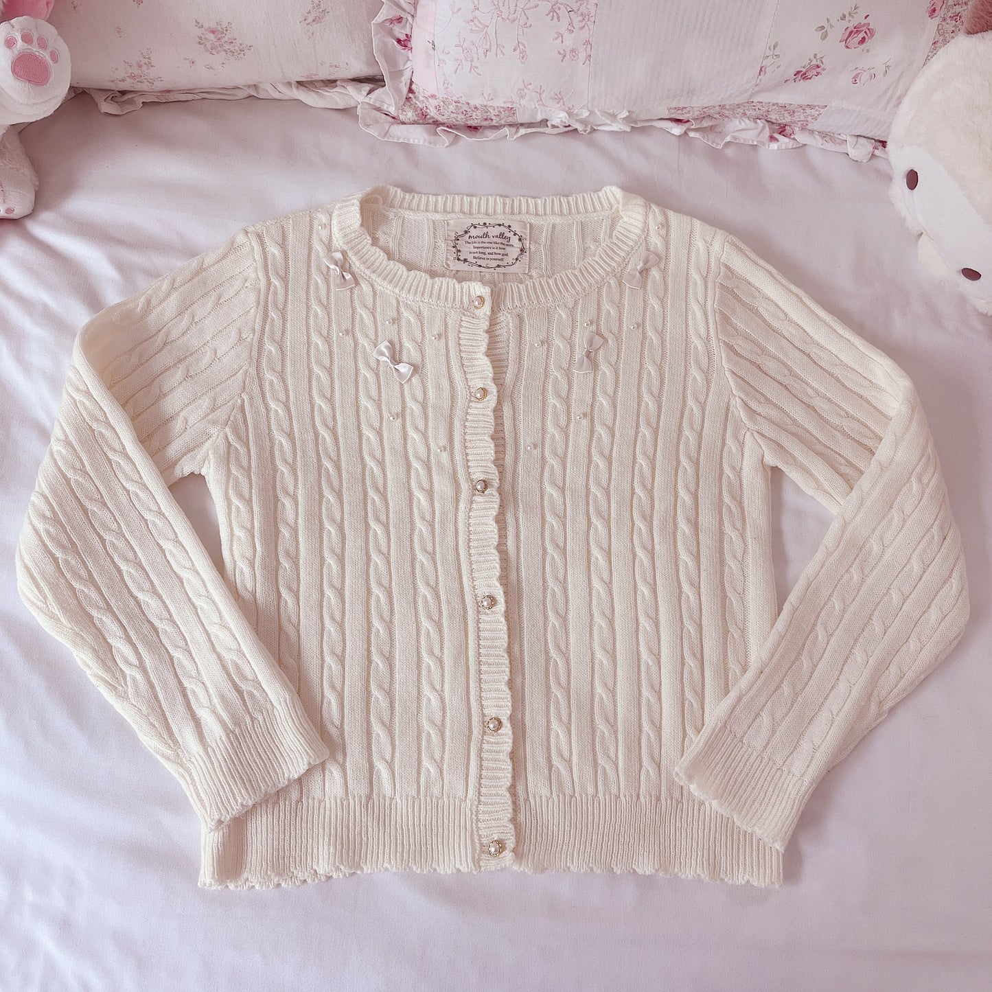 ribbon and pearl accent cable knit