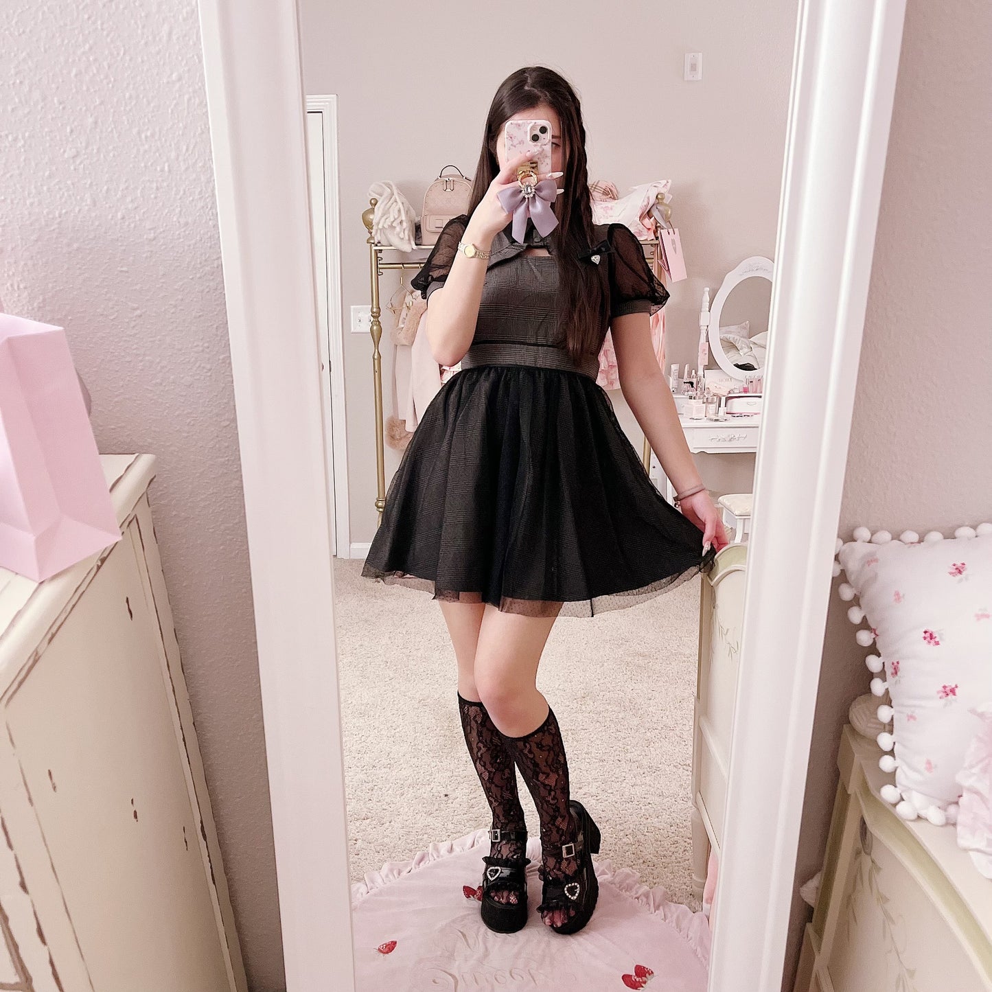 pium gray check collared dress