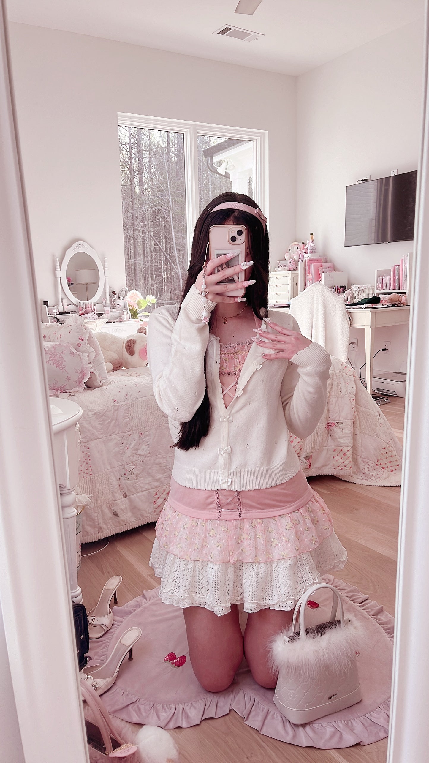 cozy white ribbon accent cardigan