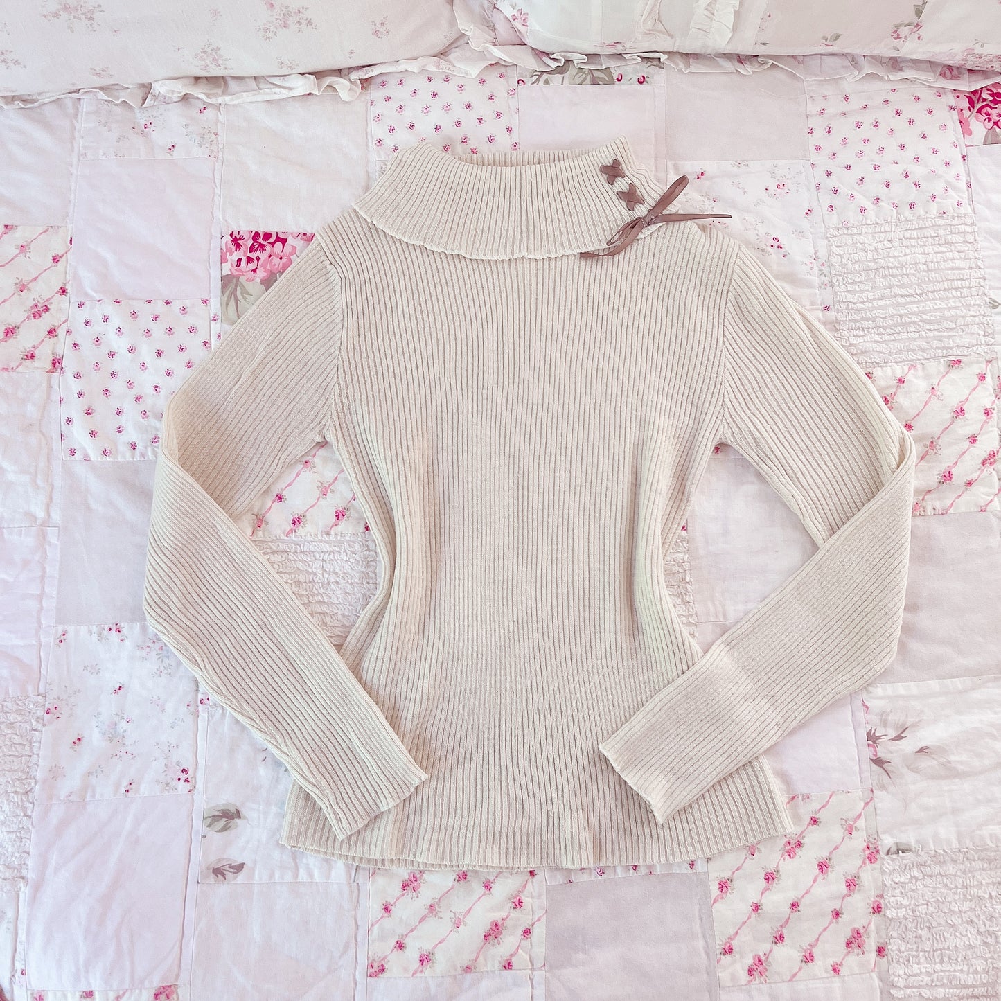 beige pink ribbon accent turtleneck