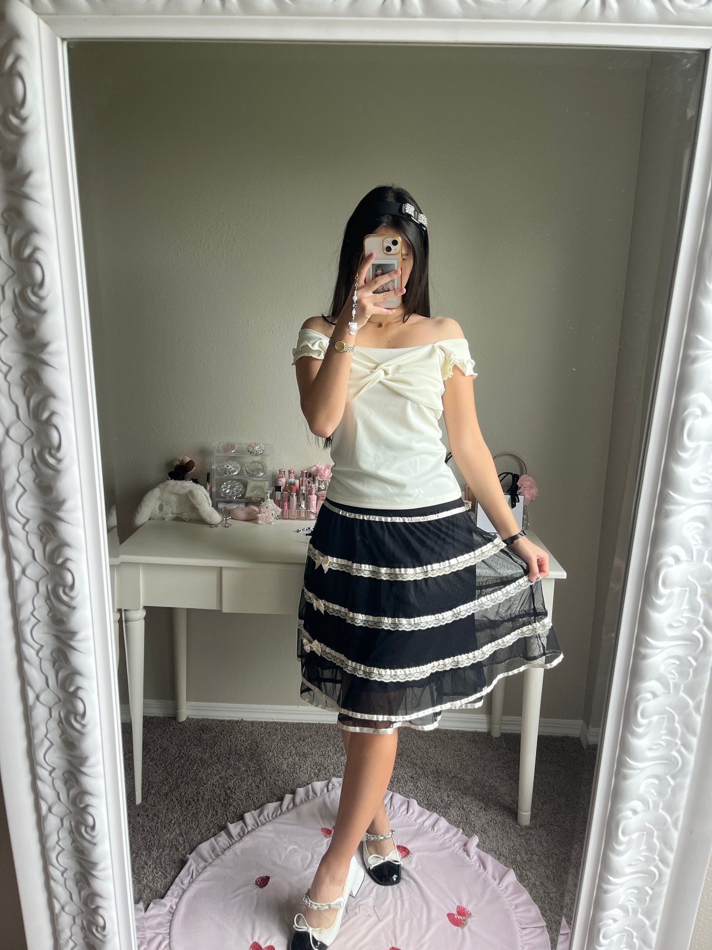 black tiered ribbon accent midi skirt