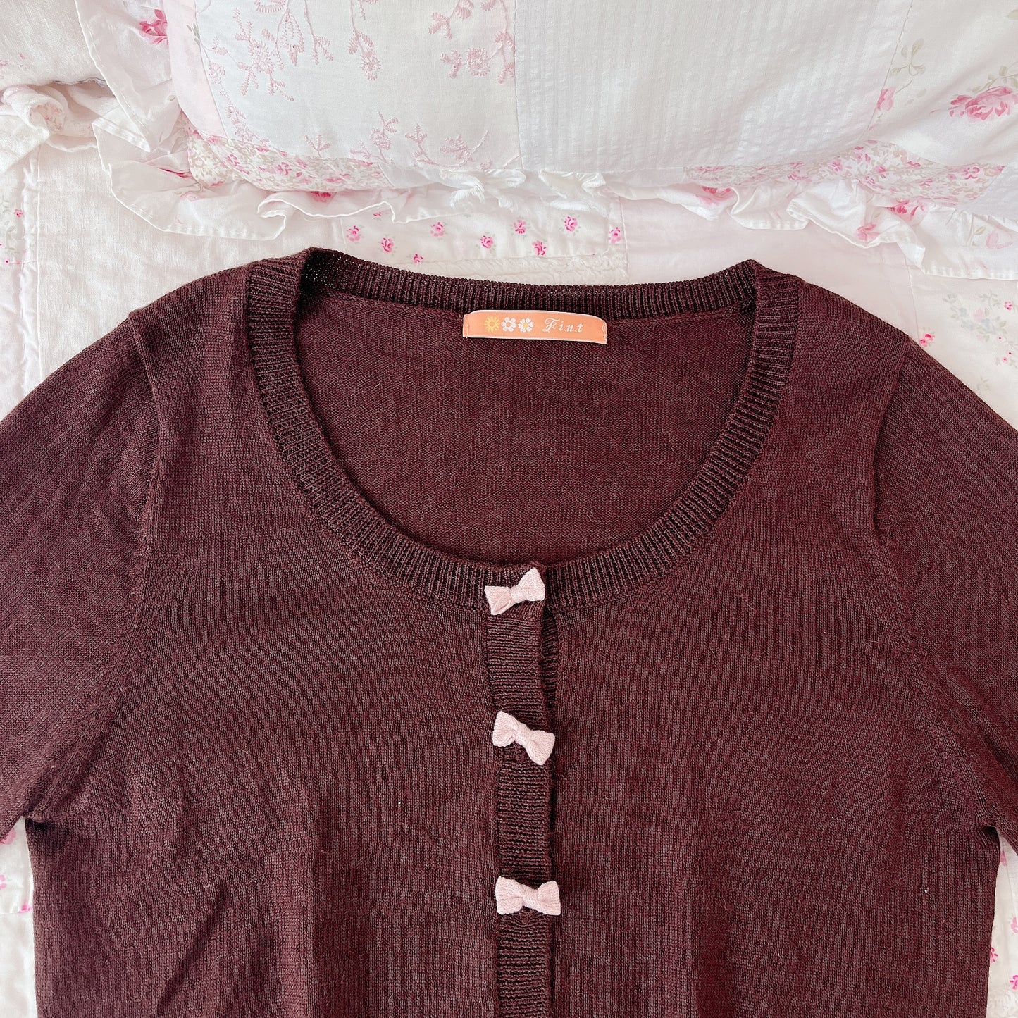 brown and pink ribbon cardigan