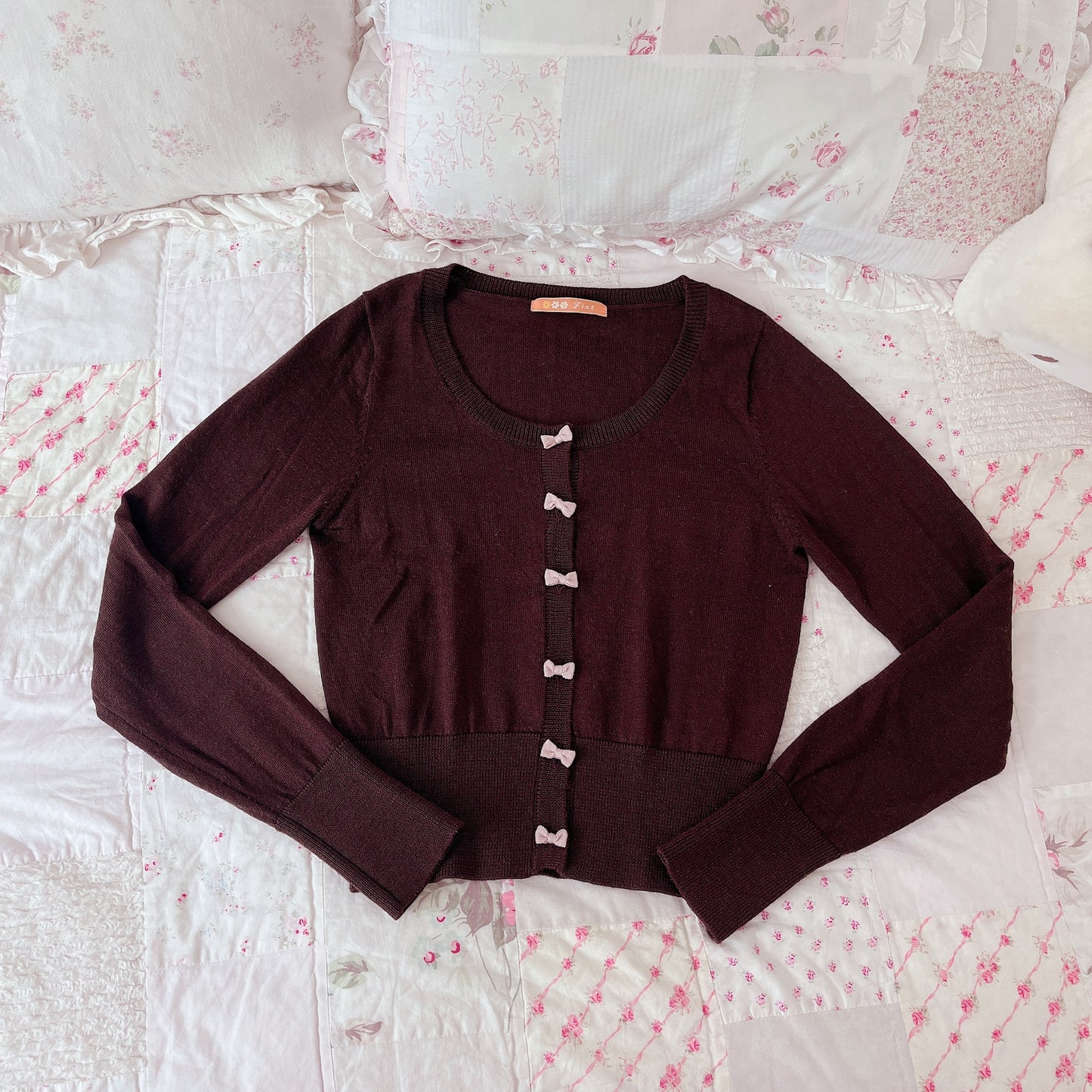 brown and pink ribbon cardigan
