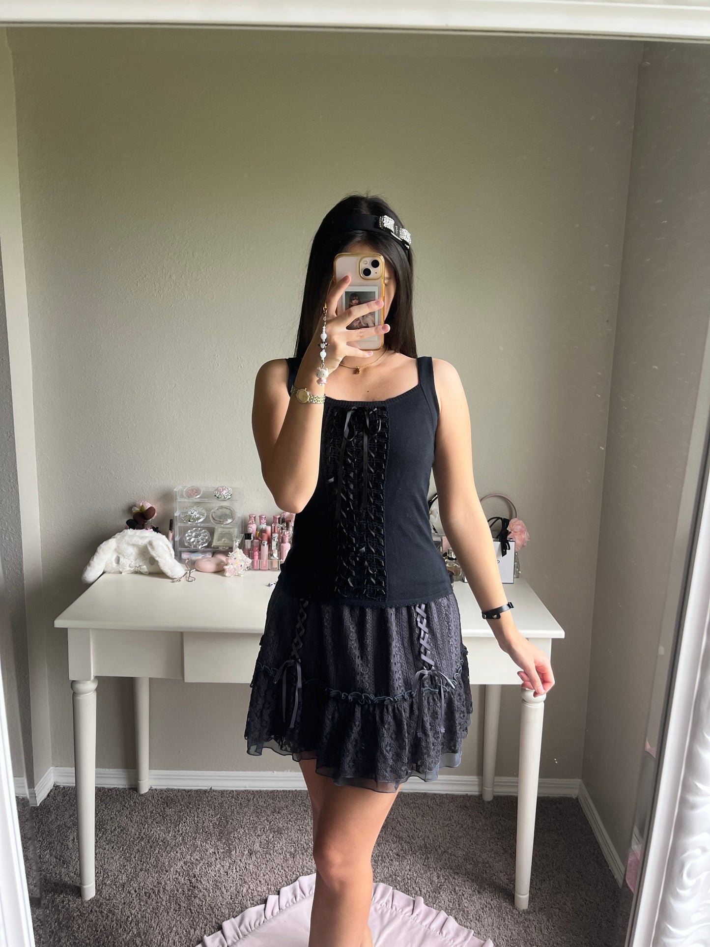 black lace up accent camisole
