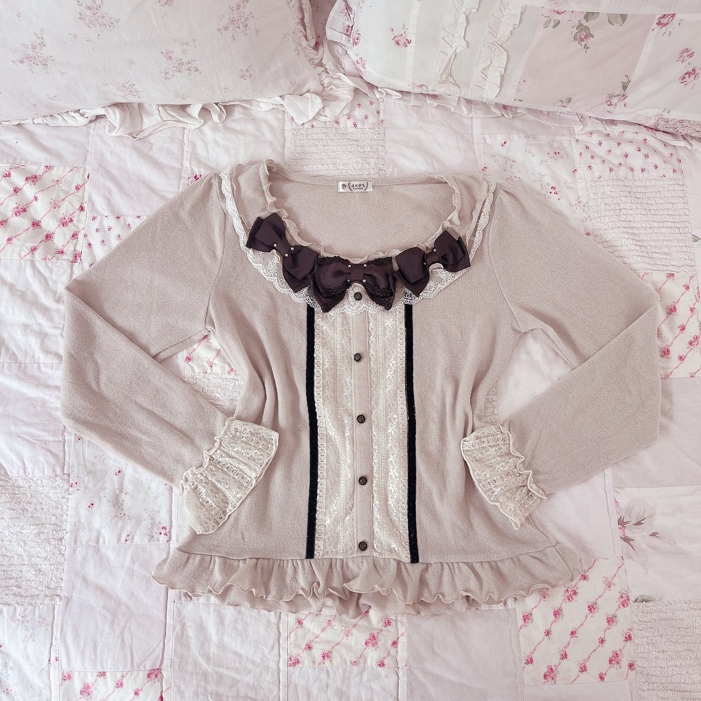cozy beige ribbon neckline accent top