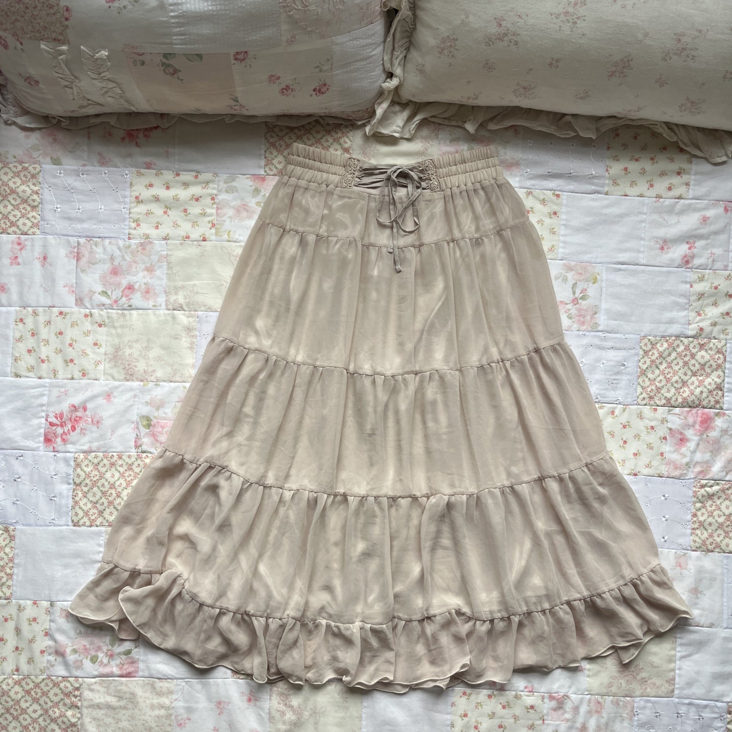 tan chiffon midi skirt