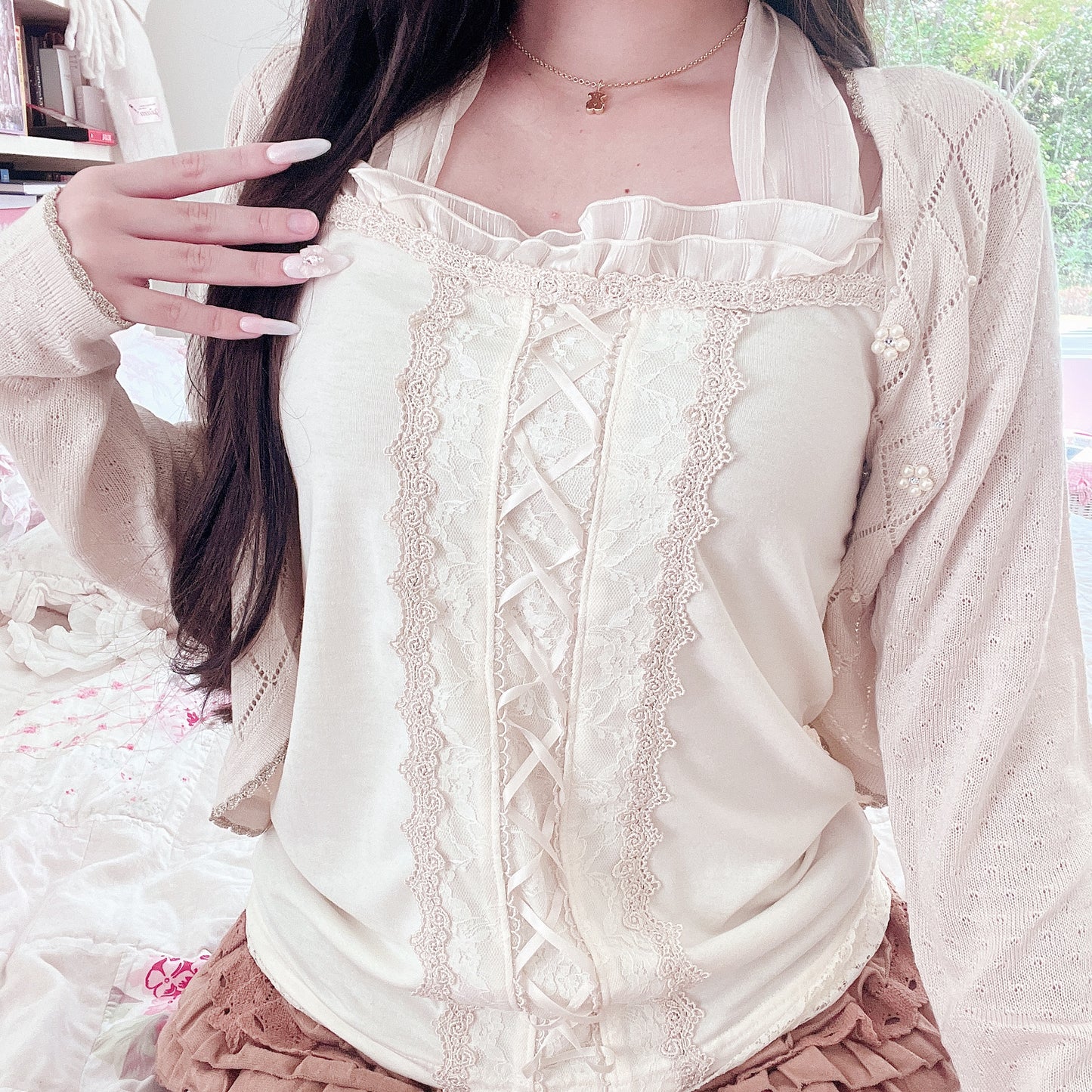 cream lace up halter ribbon cami