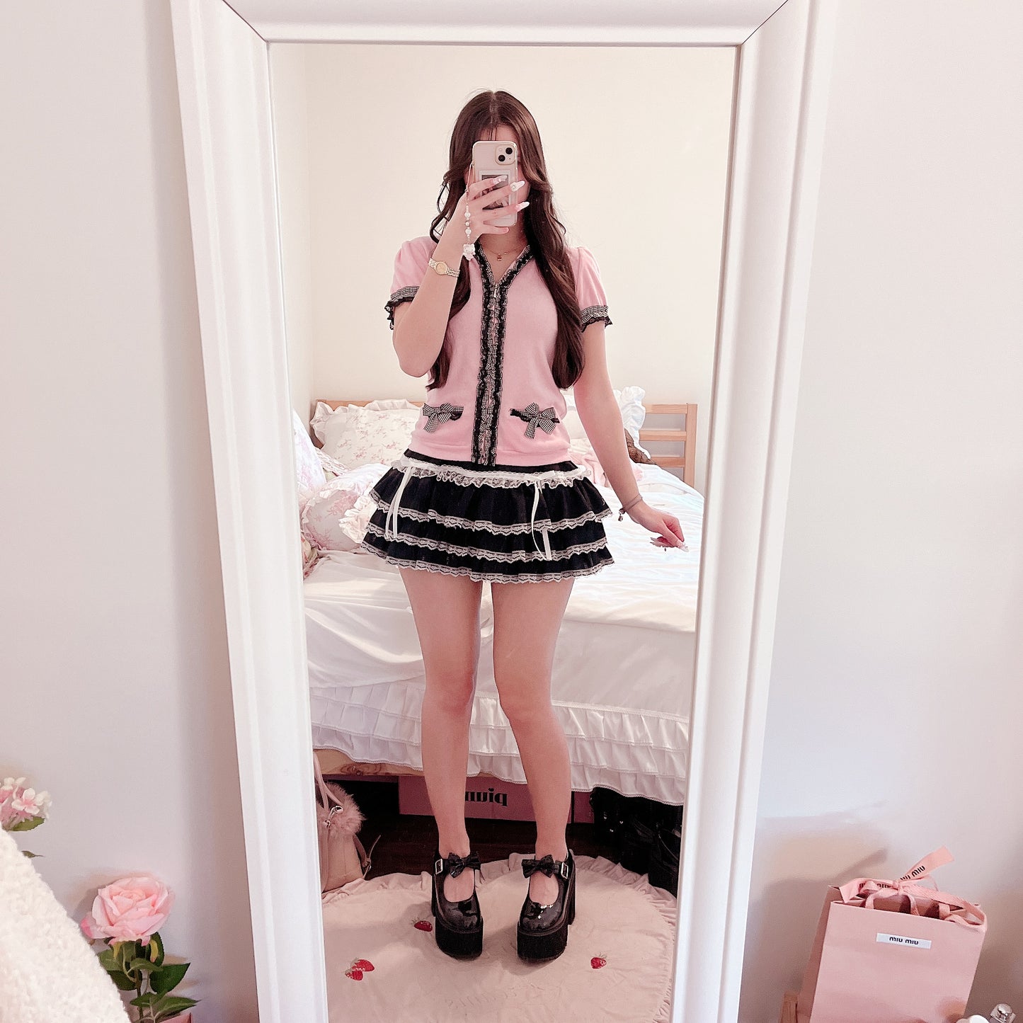 pink gingham trim mini parka