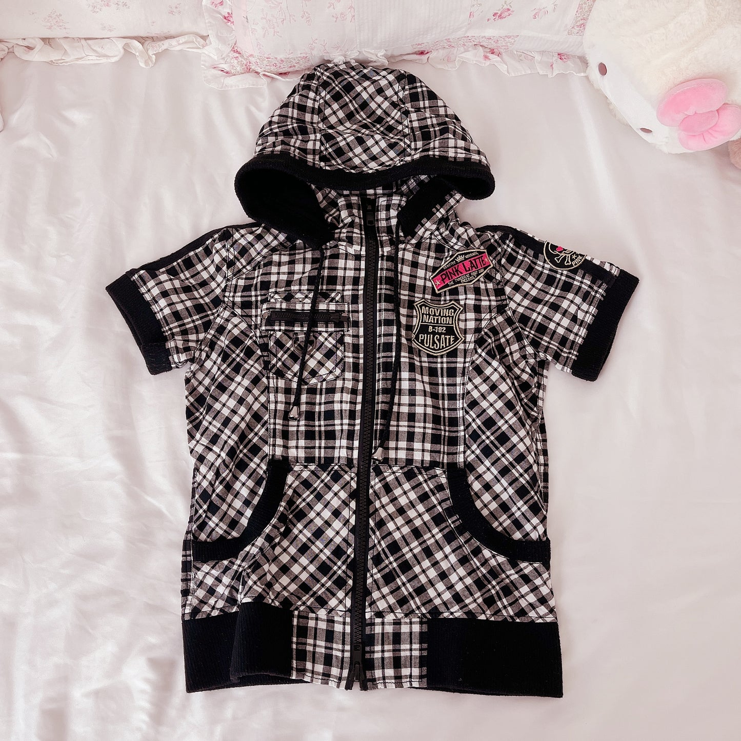 black and white plaid mini parka