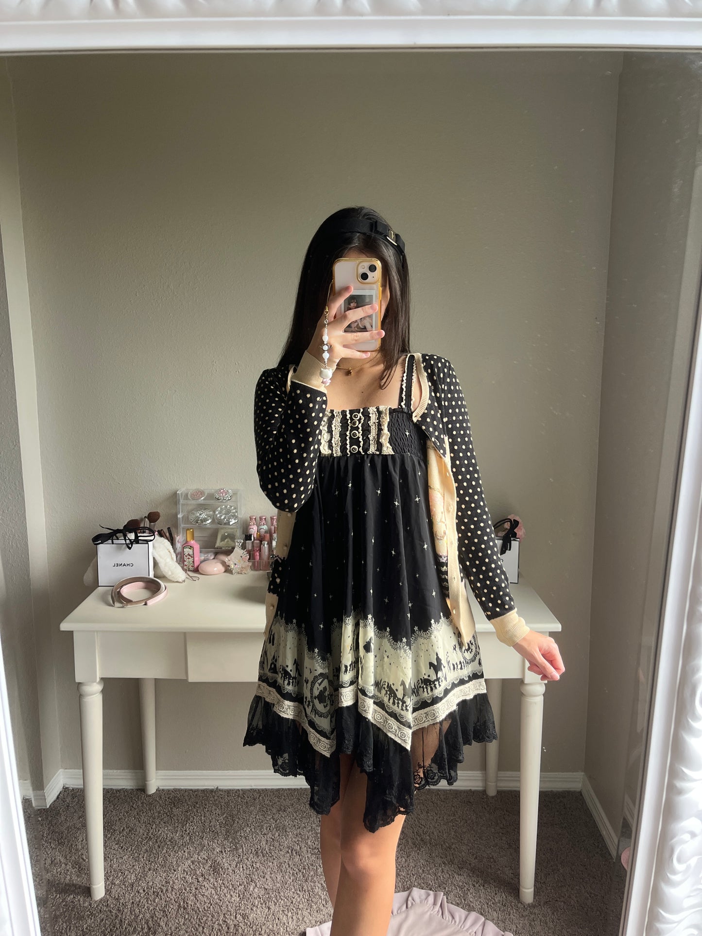 black polka motif cardigan