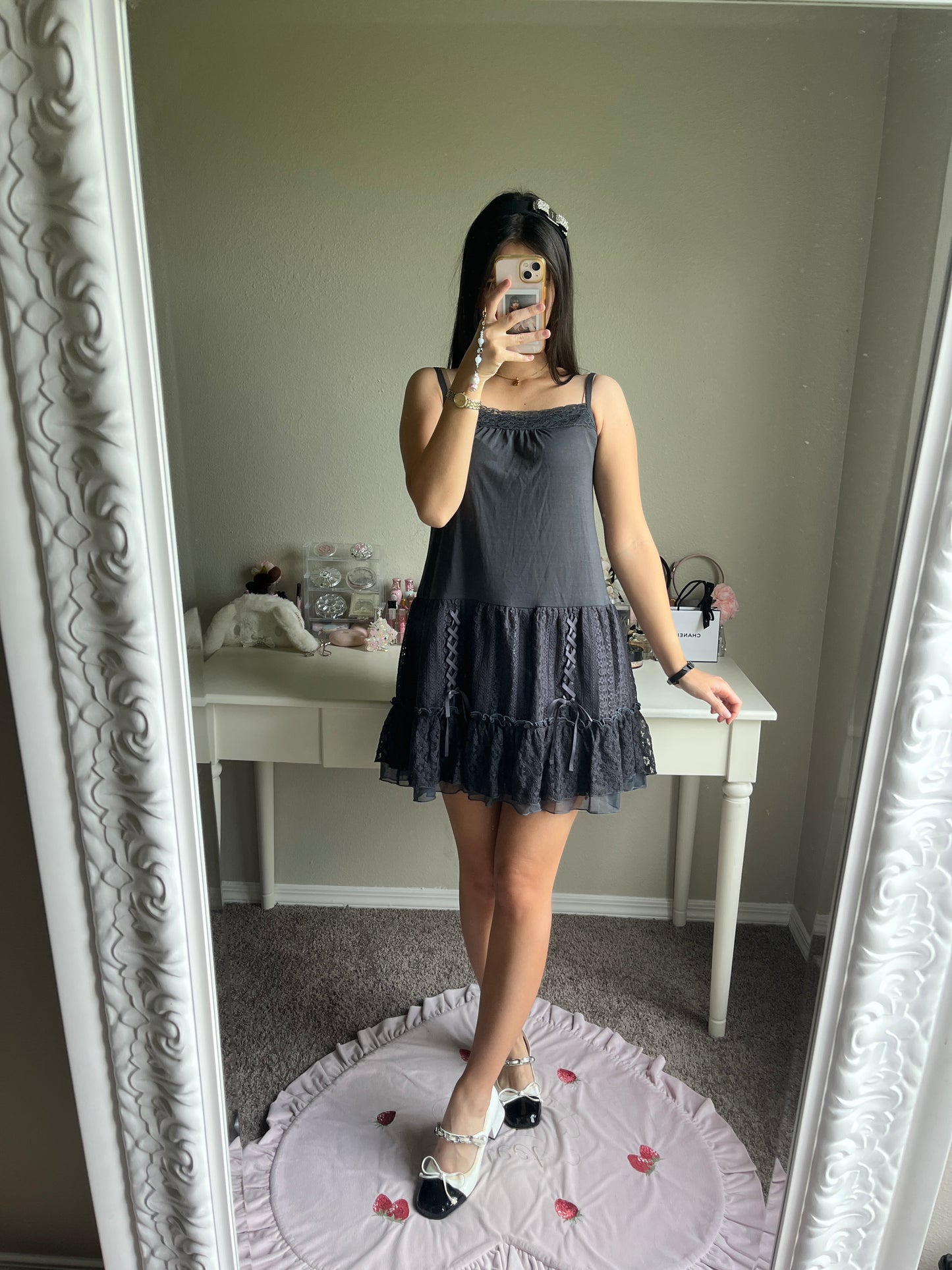 gray lace up cami dress