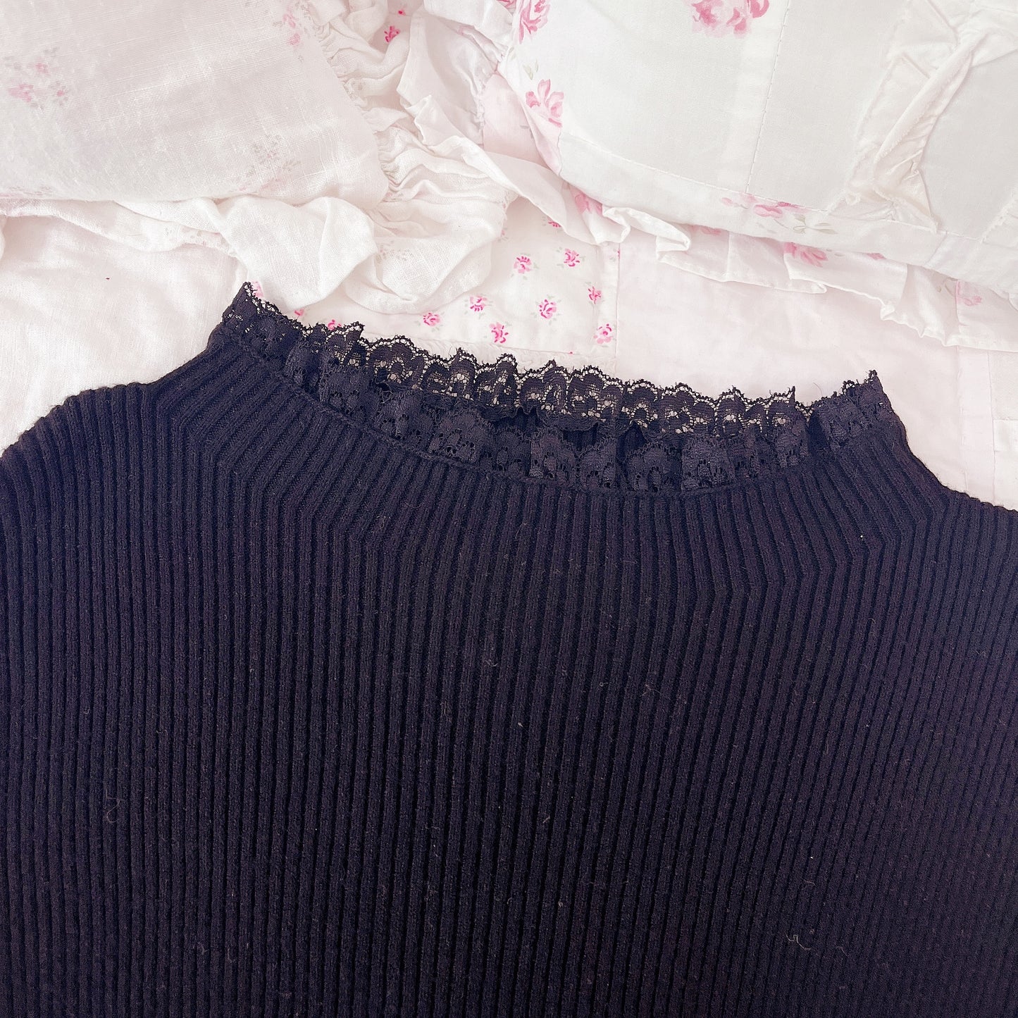 black high neck lace accent top