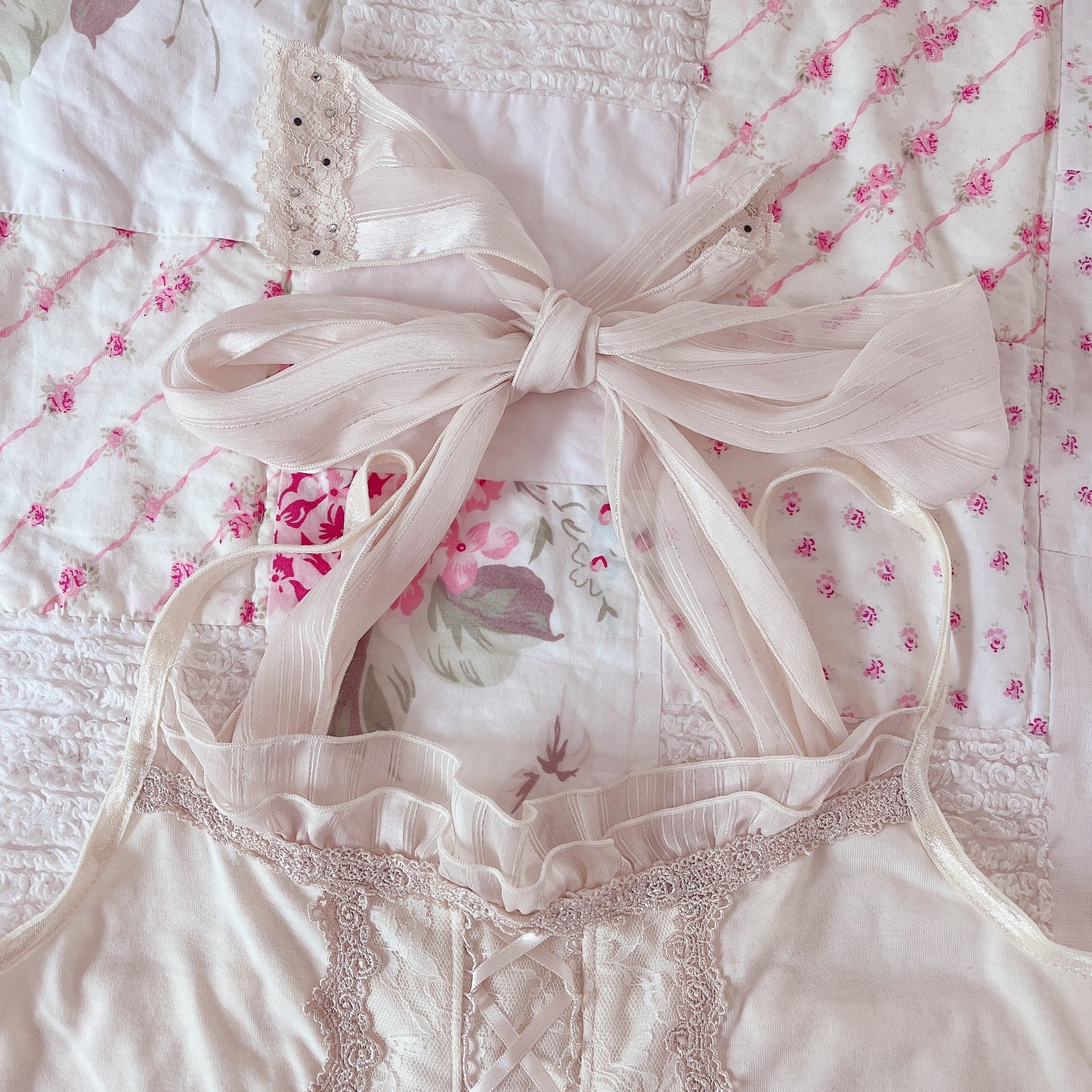 cream lace up halter ribbon cami