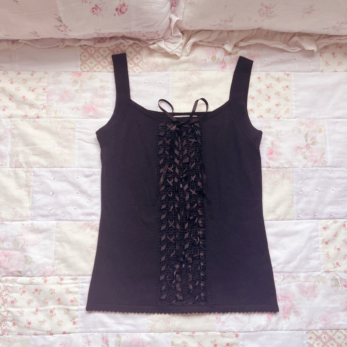 black lace up accent camisole