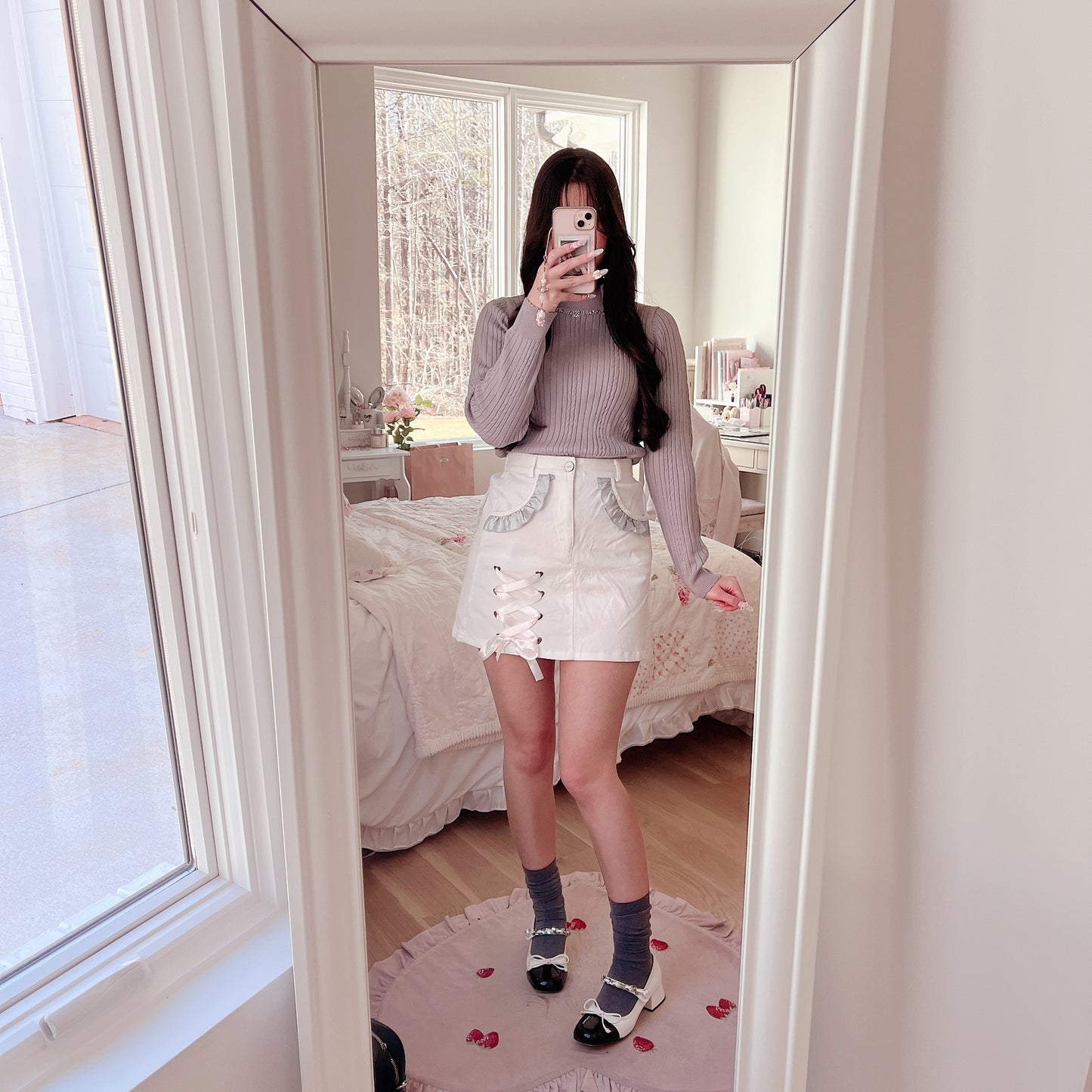 swankiss ribbon lace up denim skirt