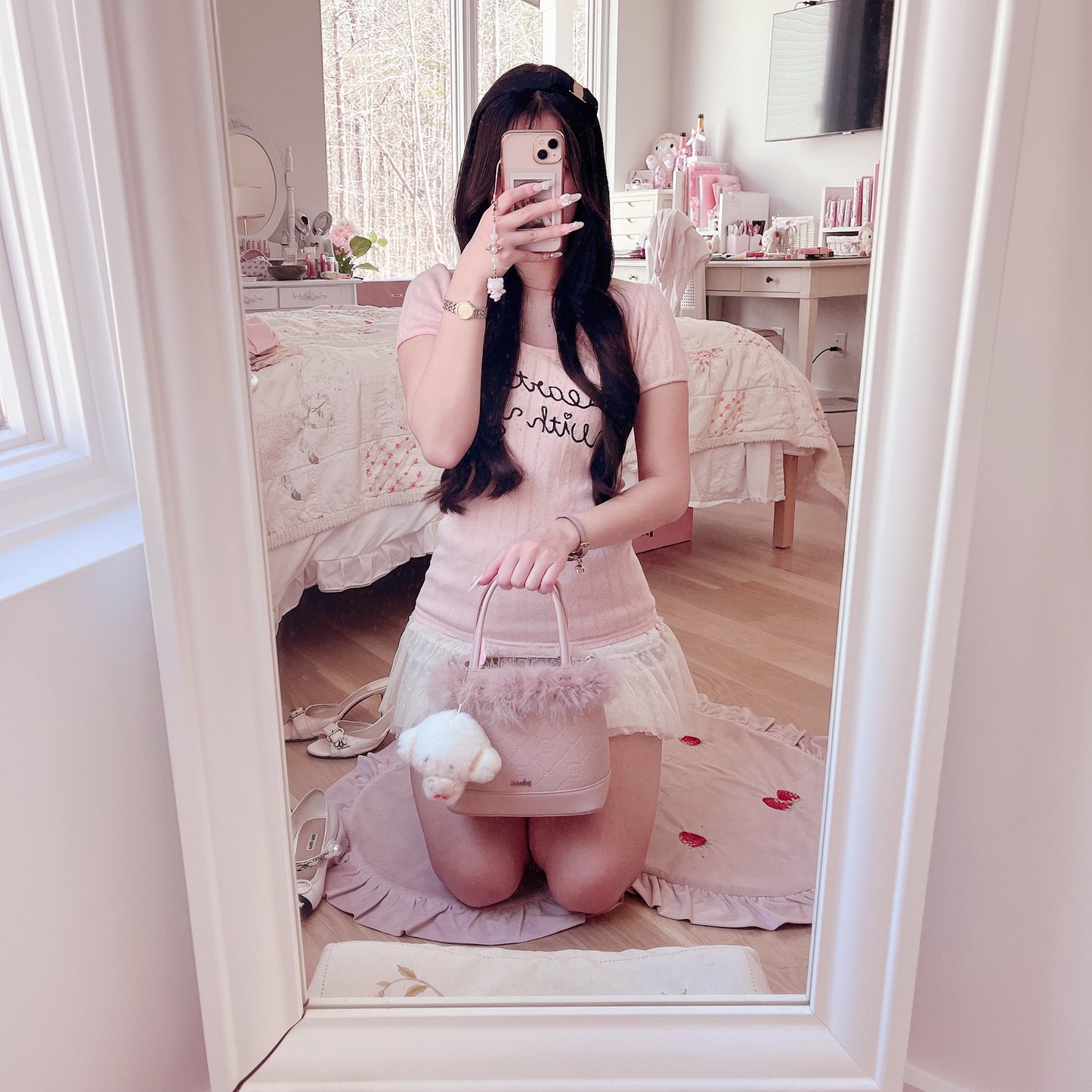 pink pointelle lettering top