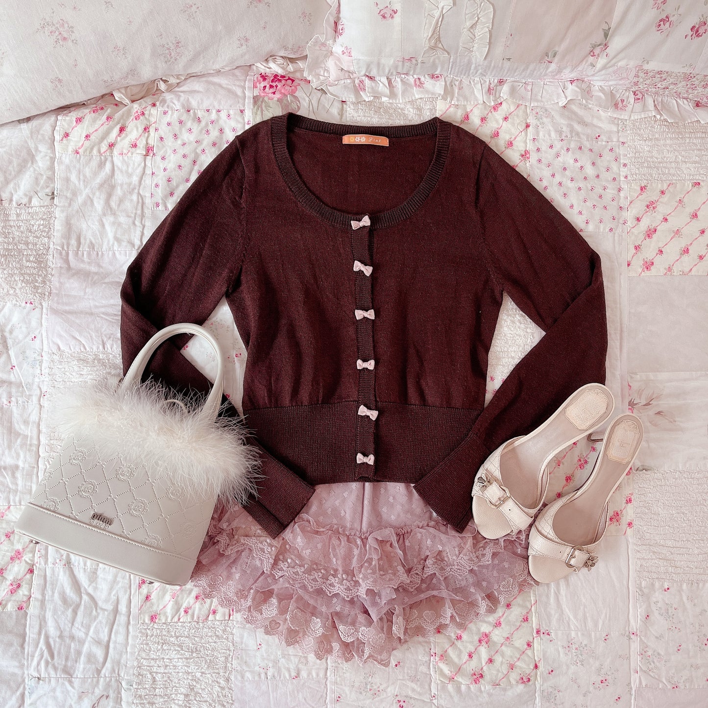 brown and pink ribbon cardigan