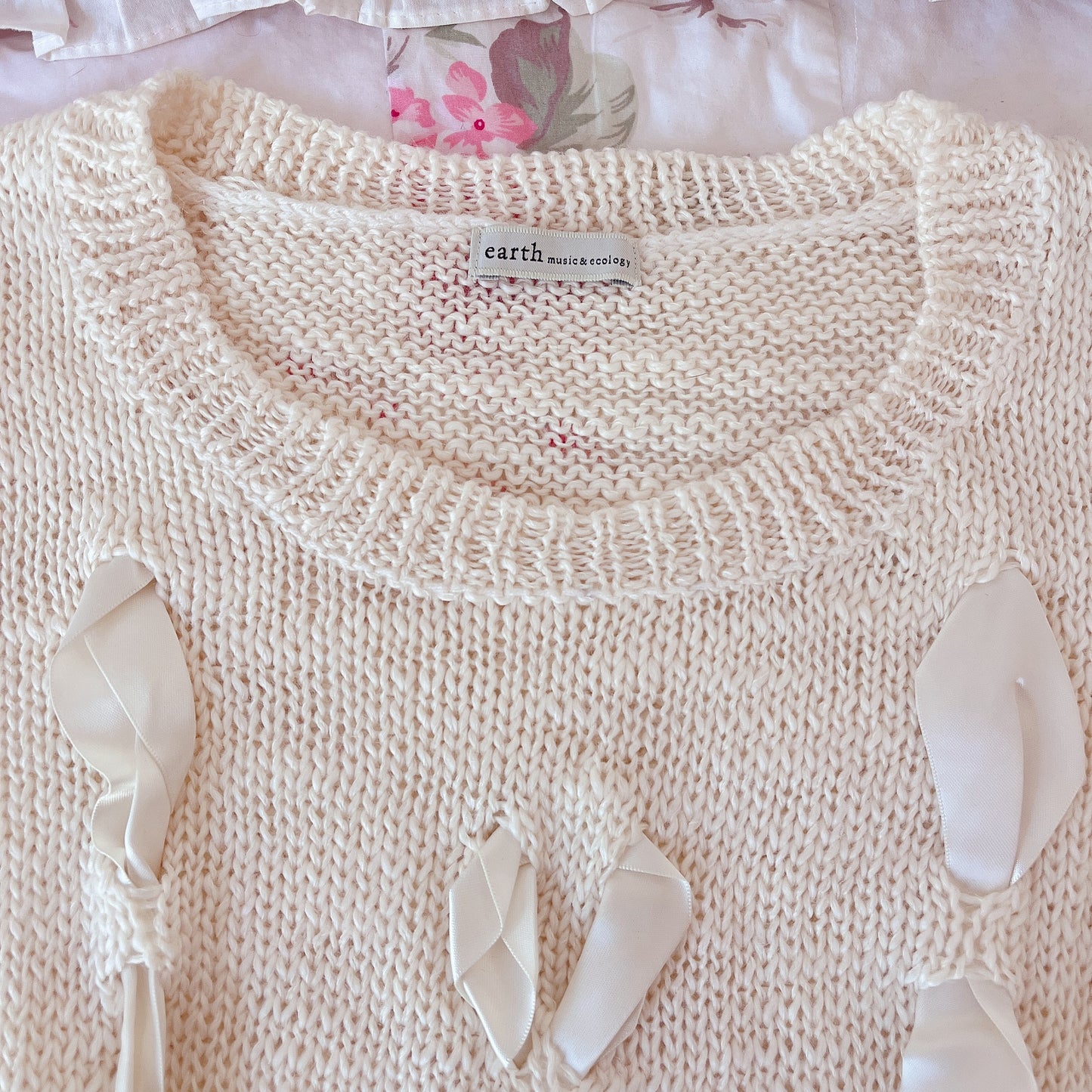 cream ribbon lace up knit top
