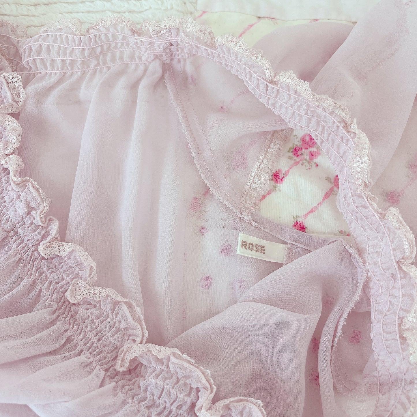 lavender off-shoulder sheer blouse