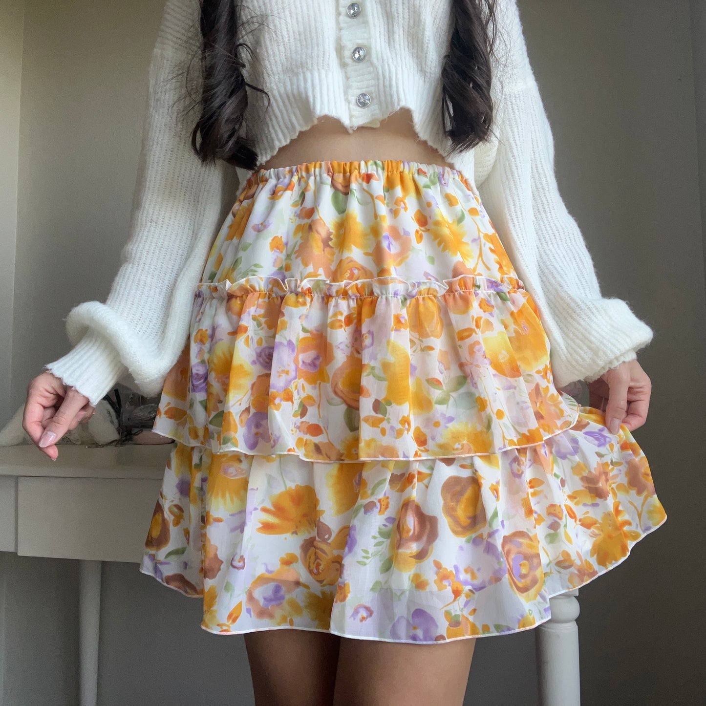 orange floral tiered skirt