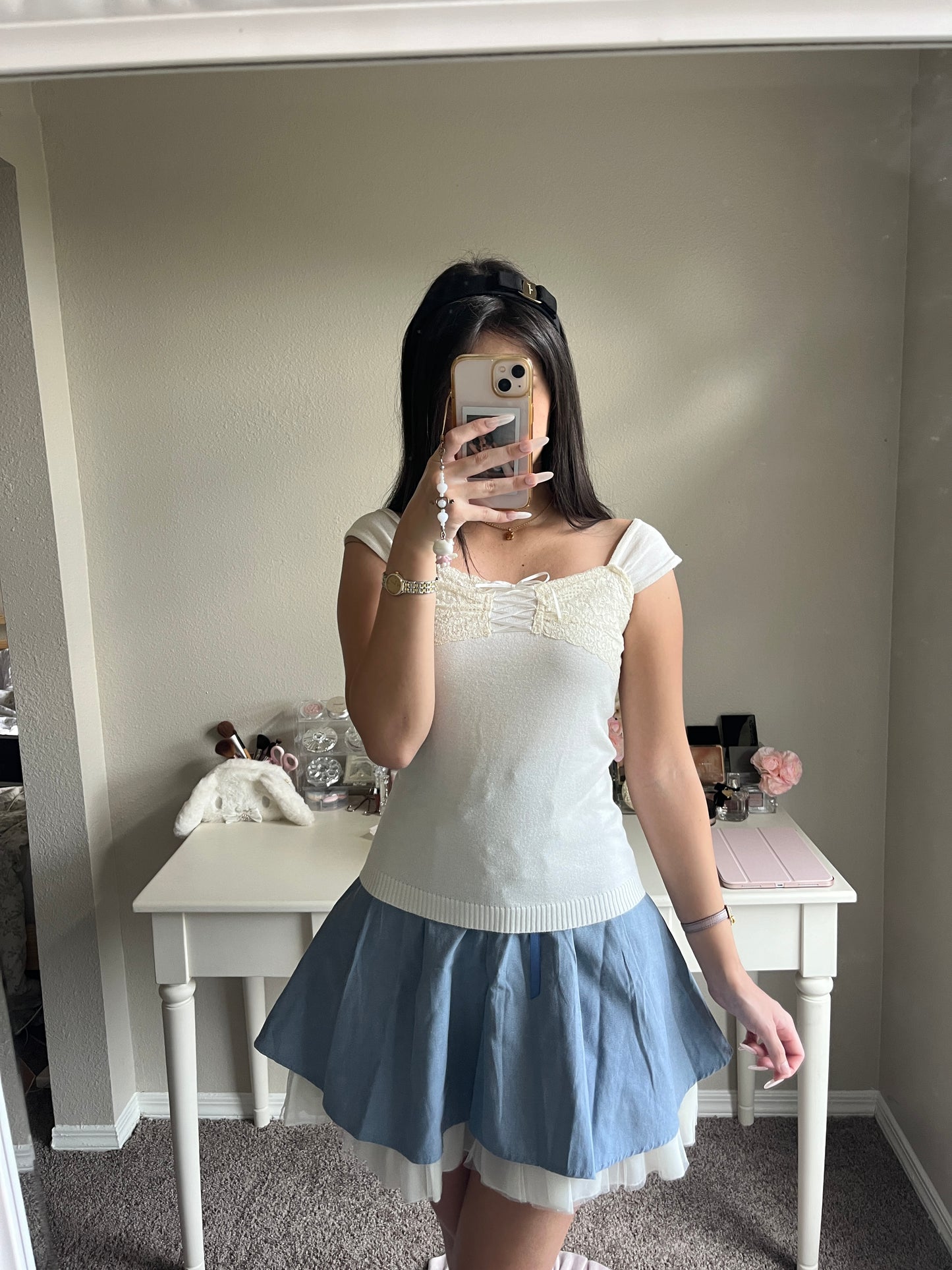 cream lace up princess knit
