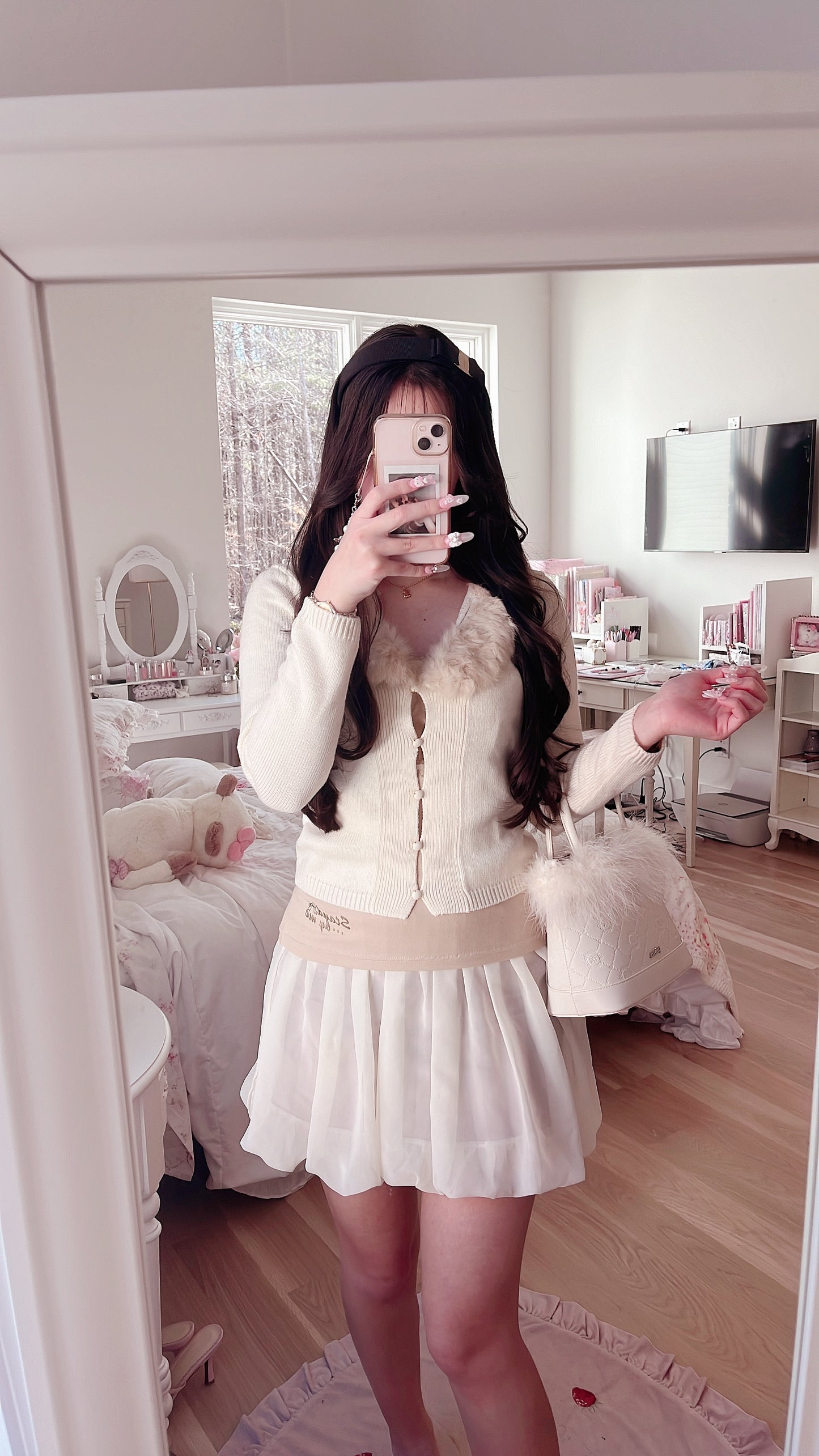 beige fur trim cardigan set
