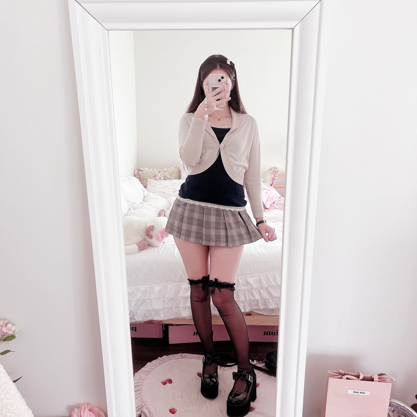 gray check button flap skirt