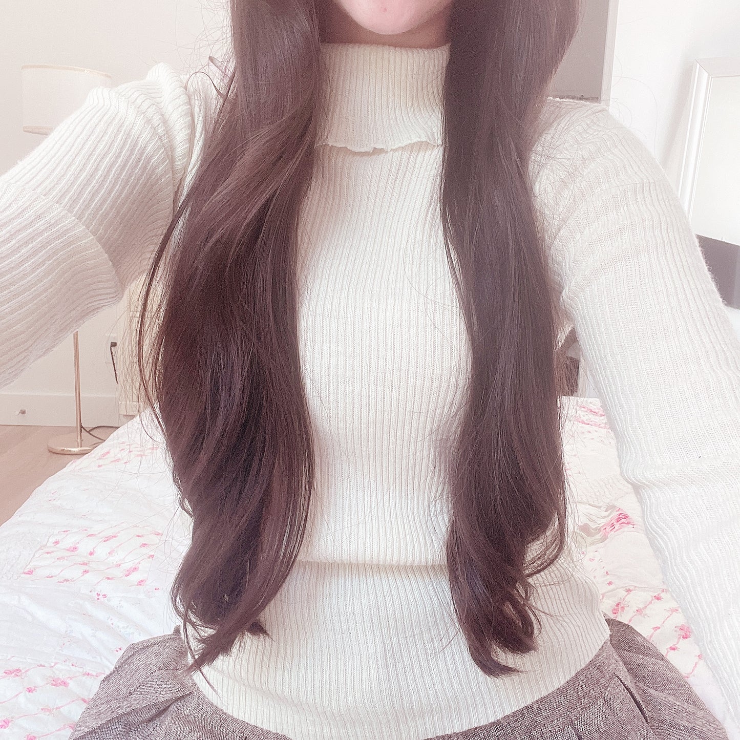 beige pink ribbon accent turtleneck