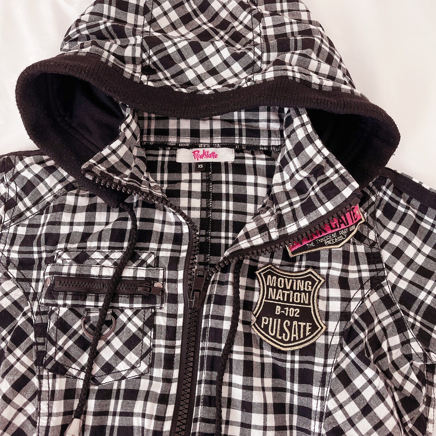 black and white plaid mini parka