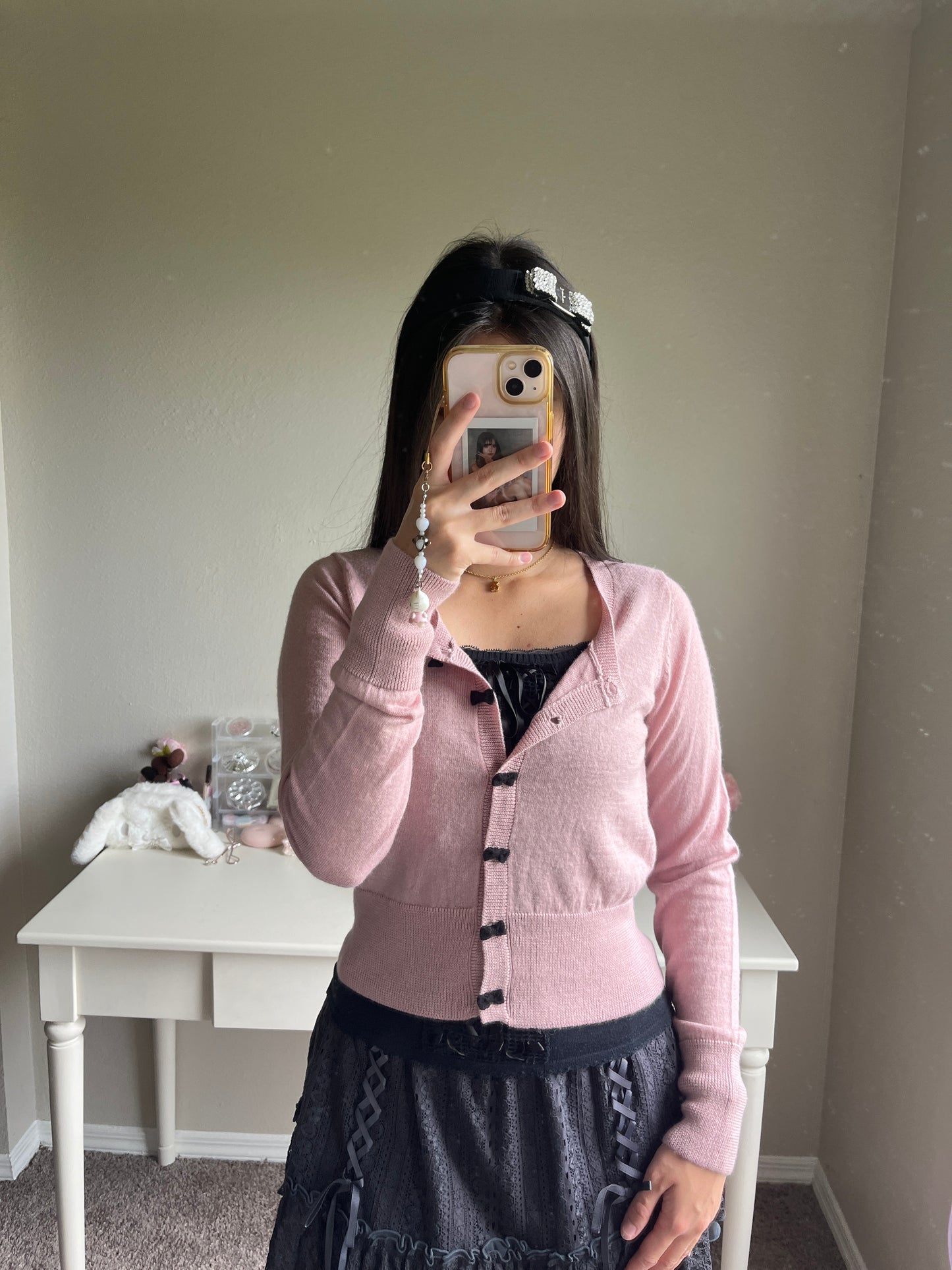 mauve black ribbon cardigan