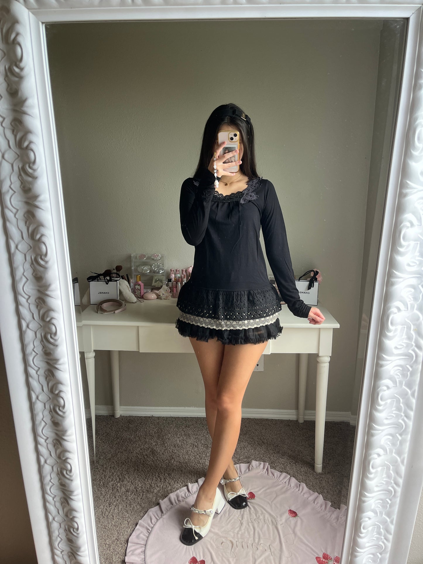 black ruffle accent long sleeve top