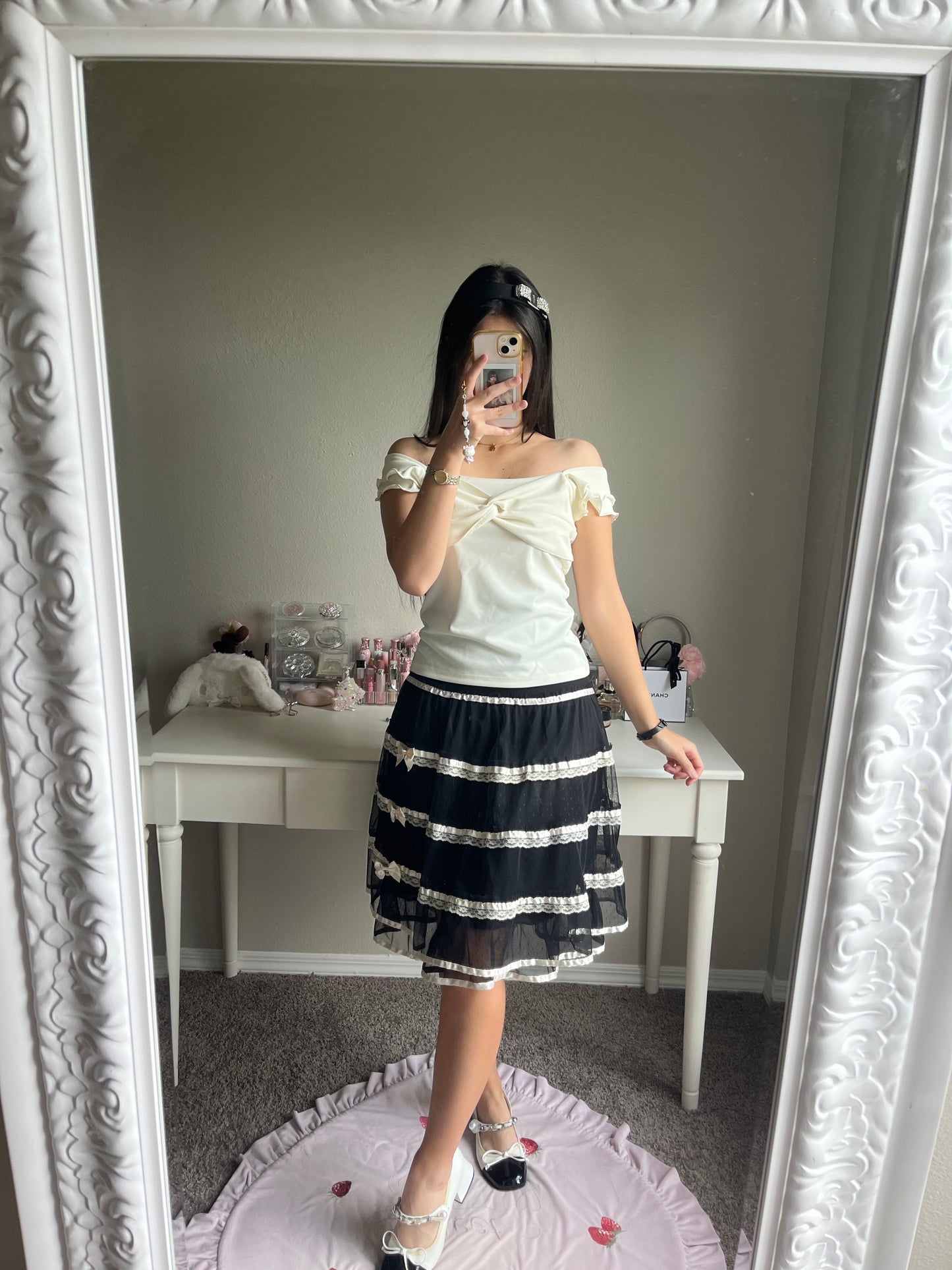 black tiered ribbon accent midi skirt