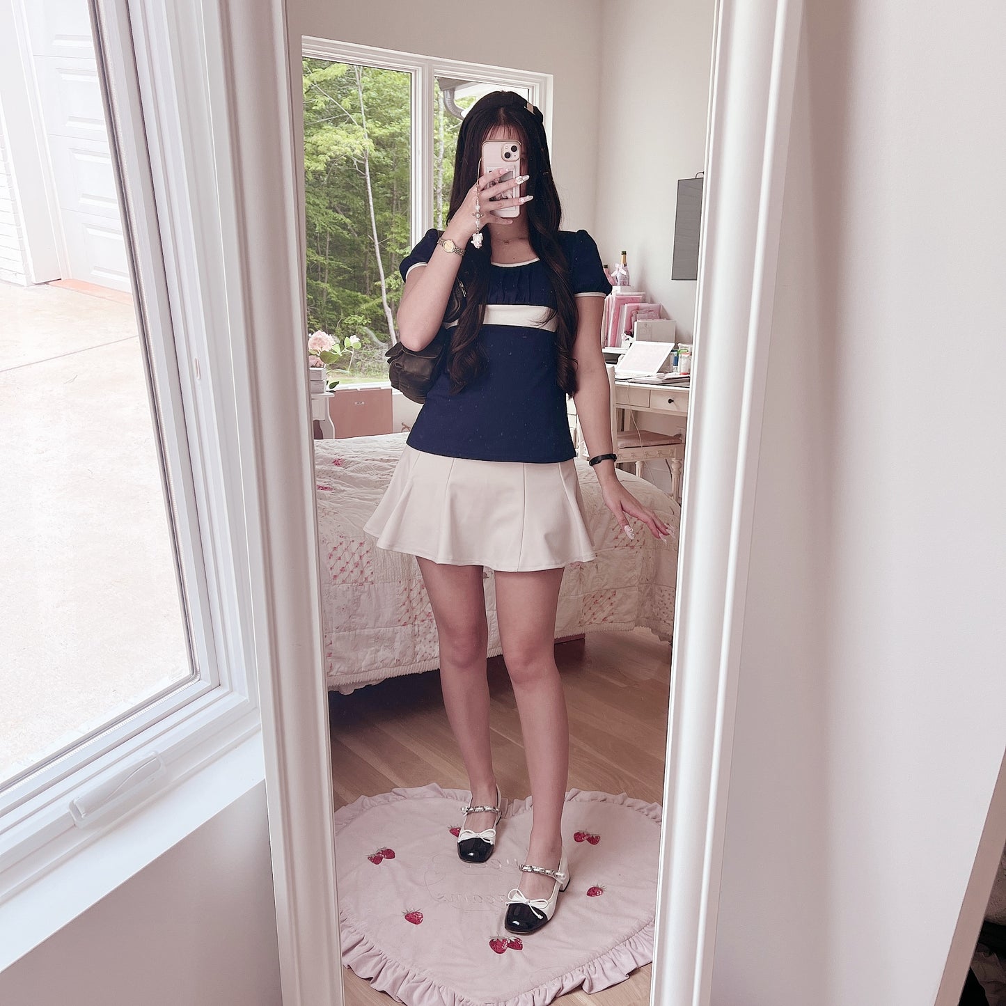 contrast stripe navy fitted top