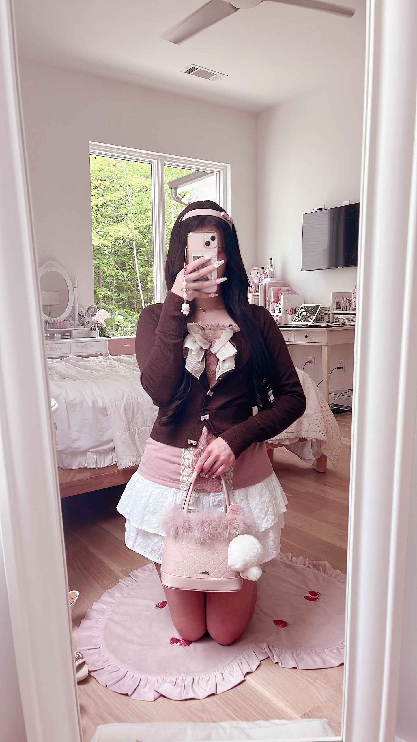 brown and pink ribbon cardigan