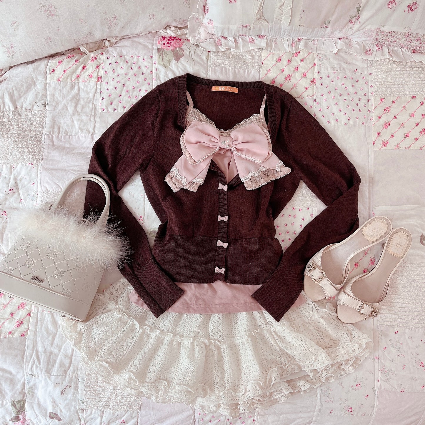 brown and pink ribbon cardigan