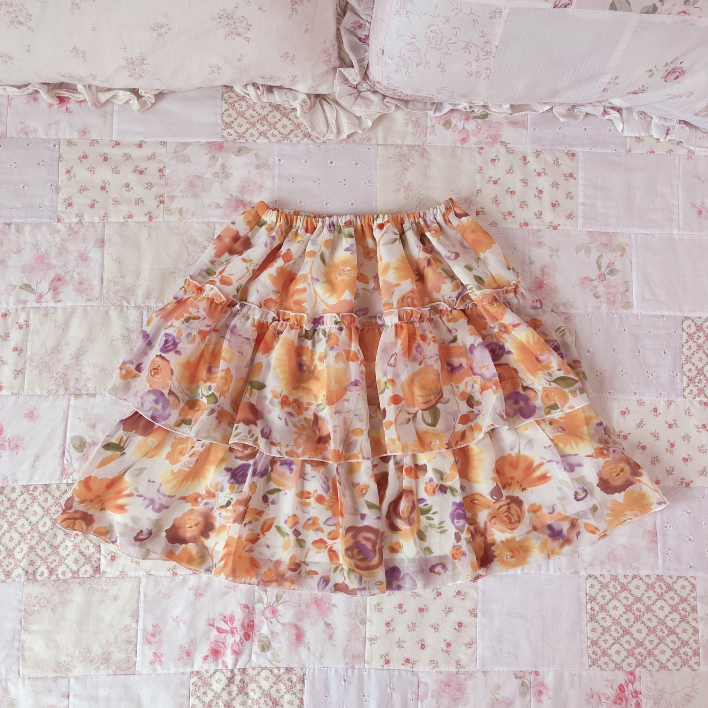 orange floral tiered skirt