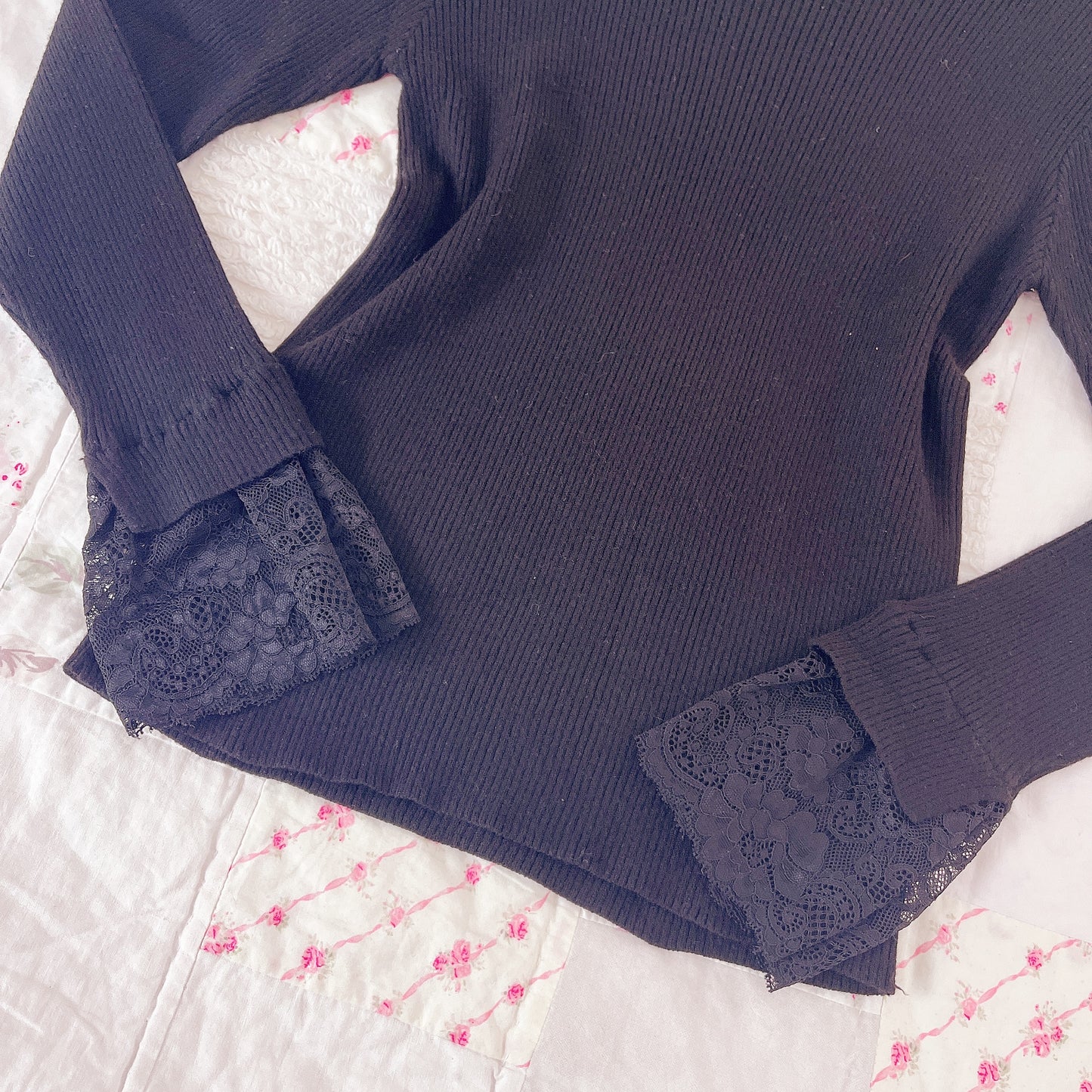 black high neck lace accent top