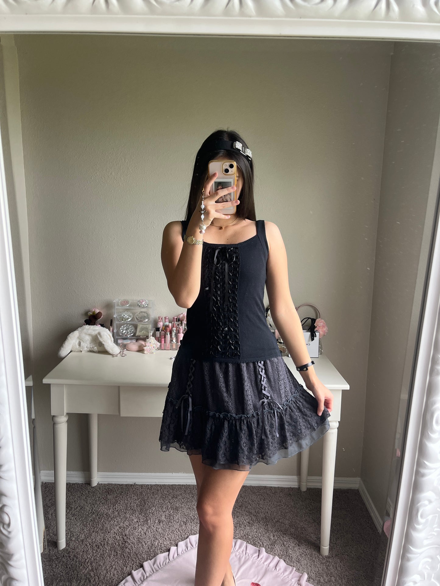 gray lace up cami dress