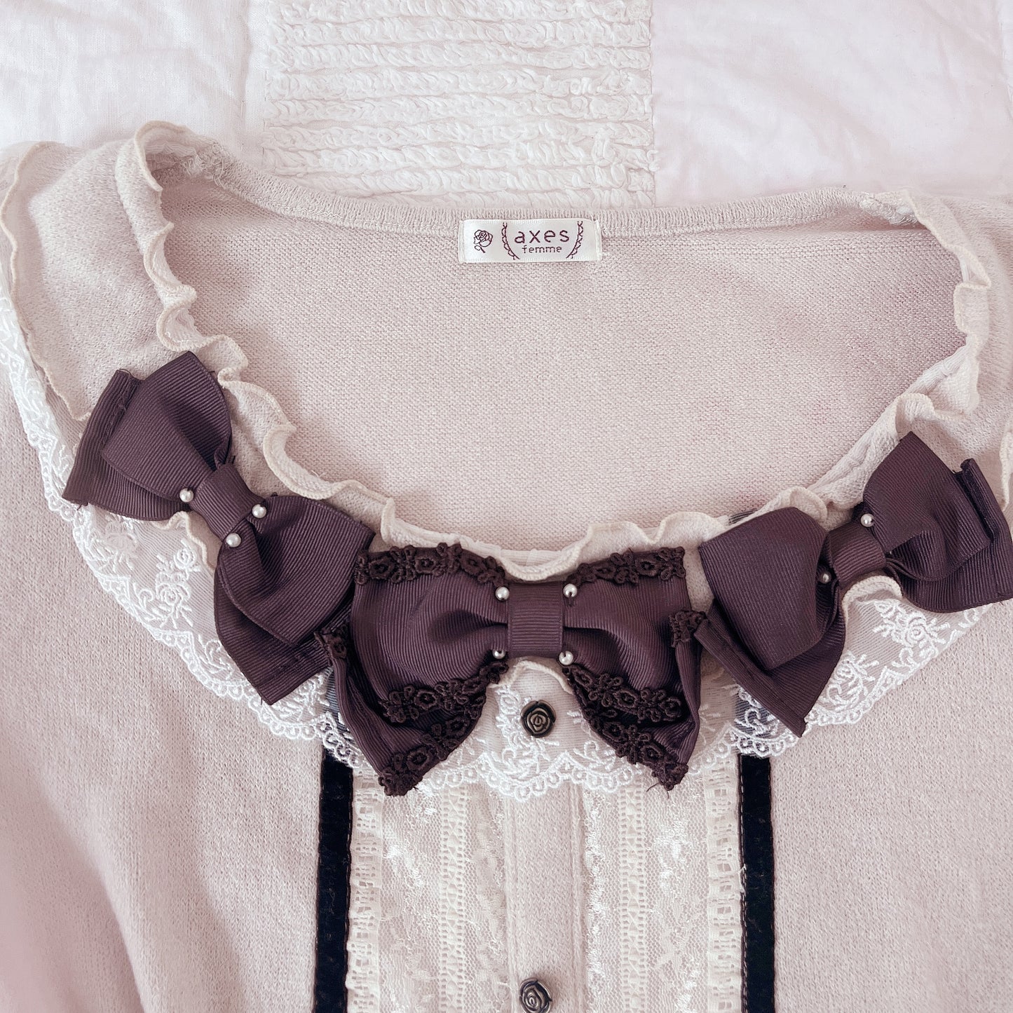 cozy beige ribbon neckline accent top