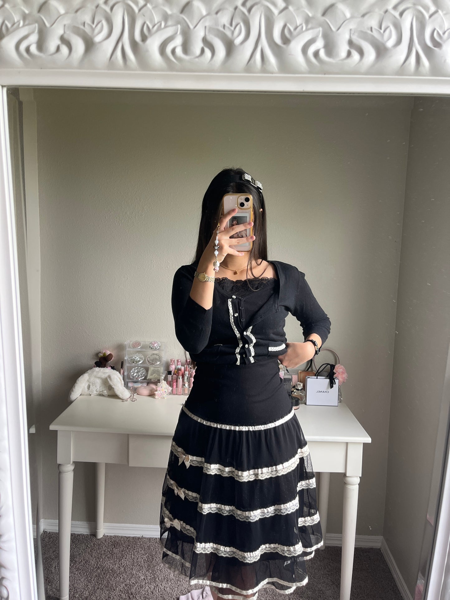 black tiered ribbon accent midi skirt