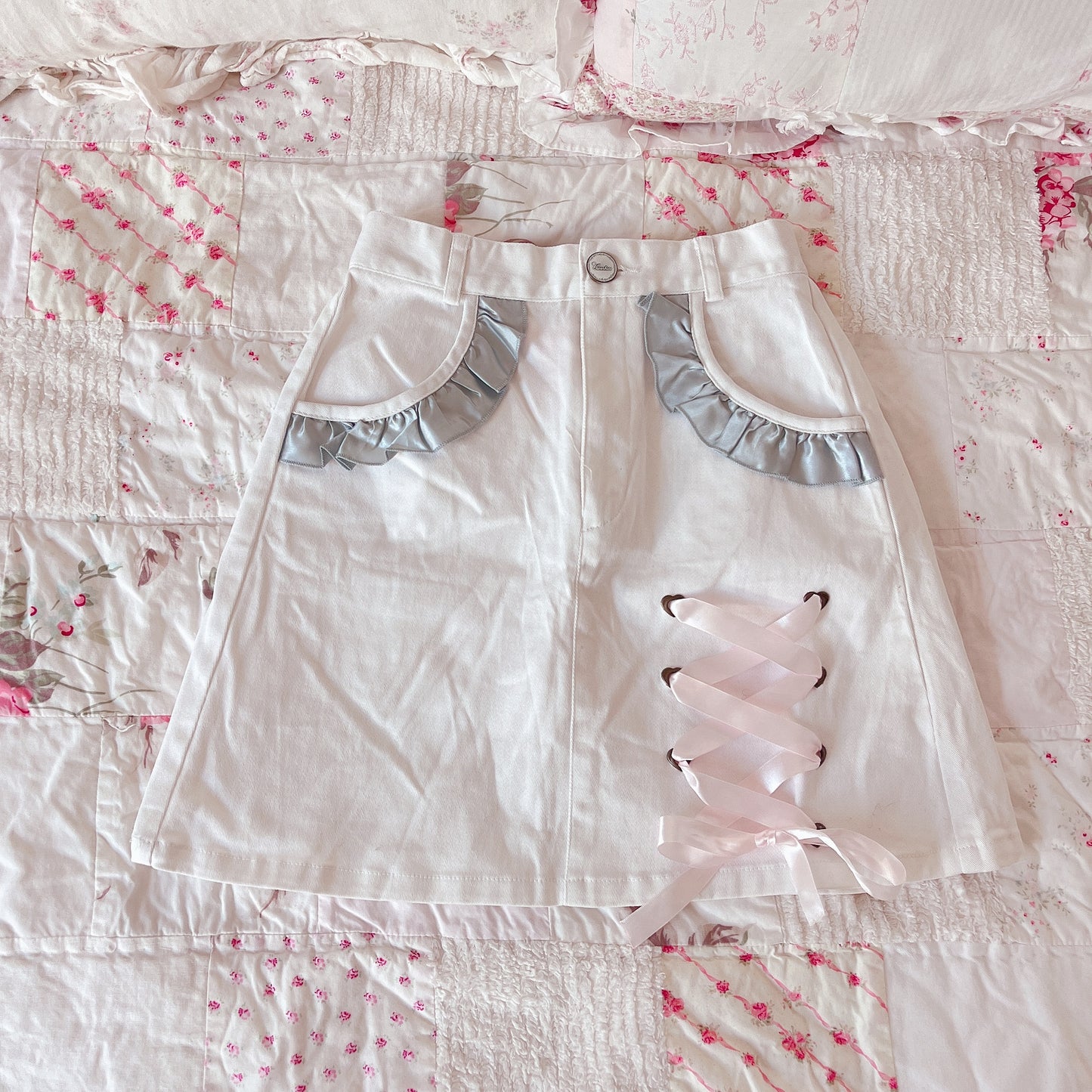 swankiss ribbon lace up denim skirt