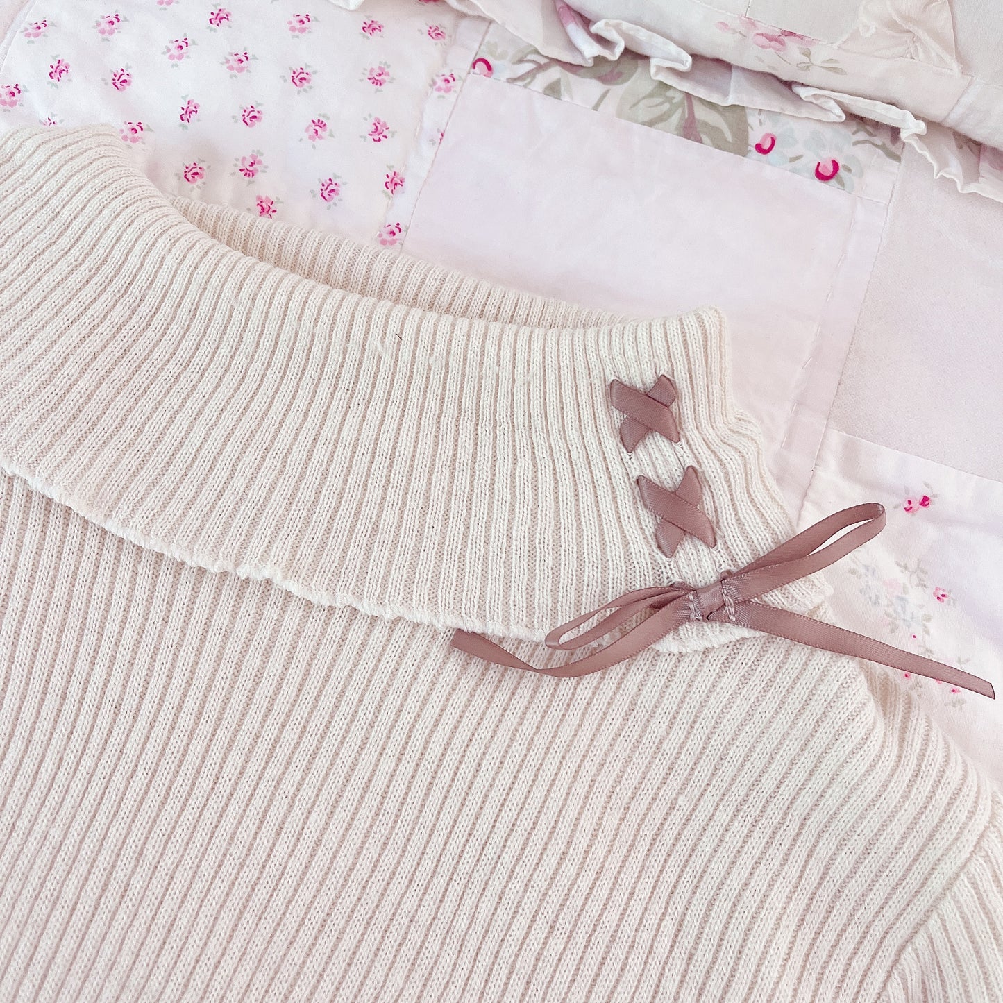 beige pink ribbon accent turtleneck