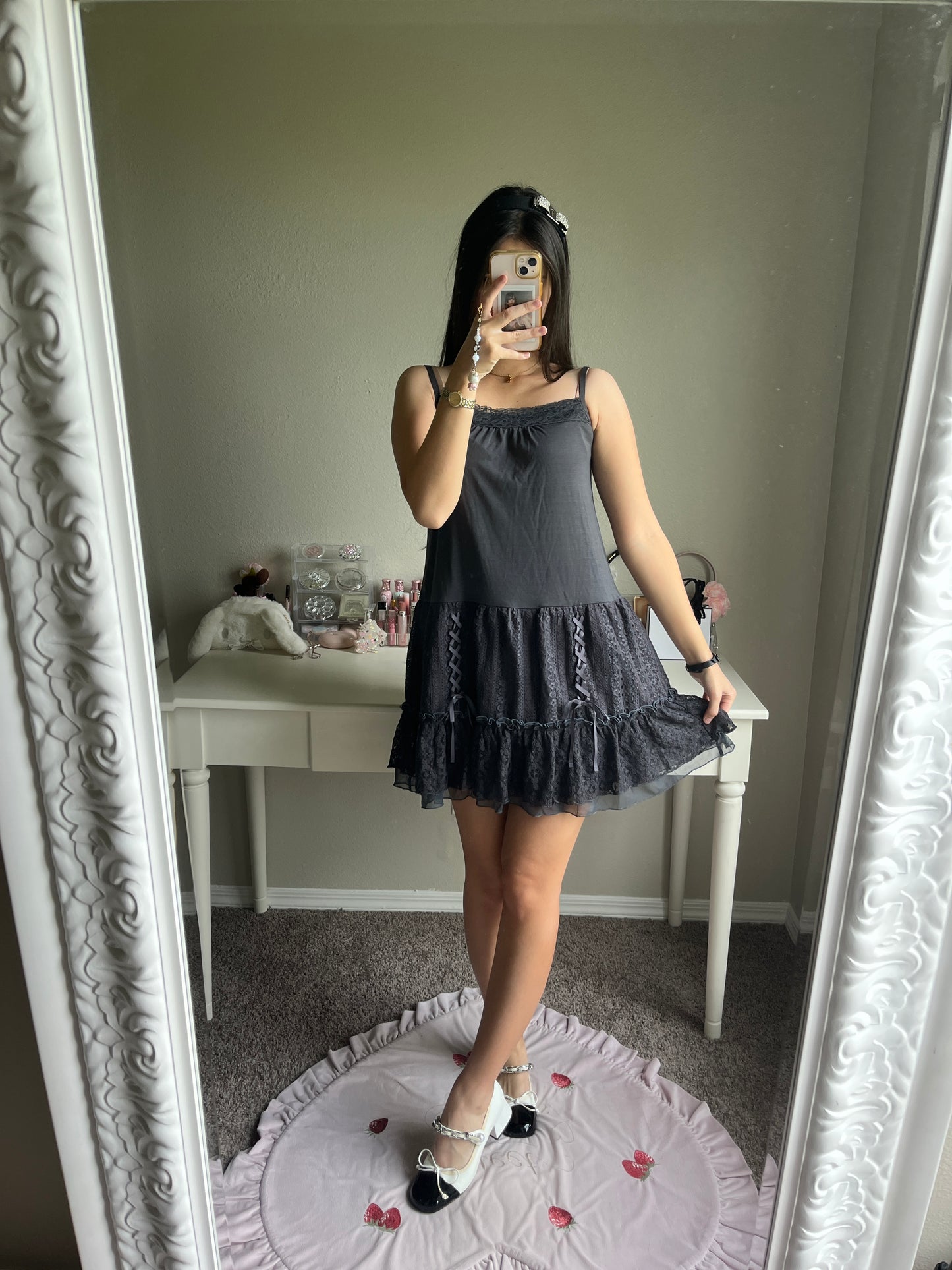 gray lace up cami dress